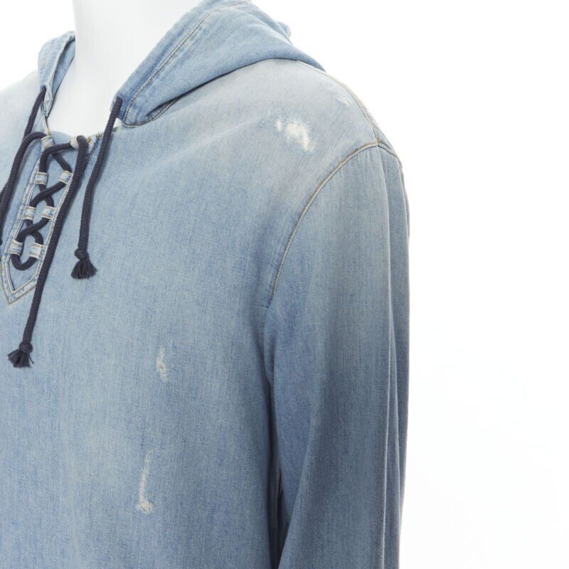 Saint Laurent Paris SAINT LAURENT 2018 distressed destroyed denim lace up hoodie pullover S Size US S / EU 44-46 / 1 - 8 Thumbnail