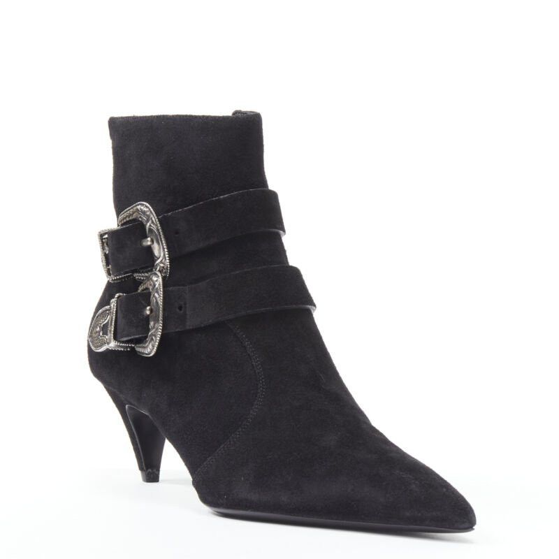 Saint Laurent Paris new SAINT LAURENT Charlotte 55 black suede silver western buckle bootie EU37 Size US 7 / IT 37 - 3 Thumbnail