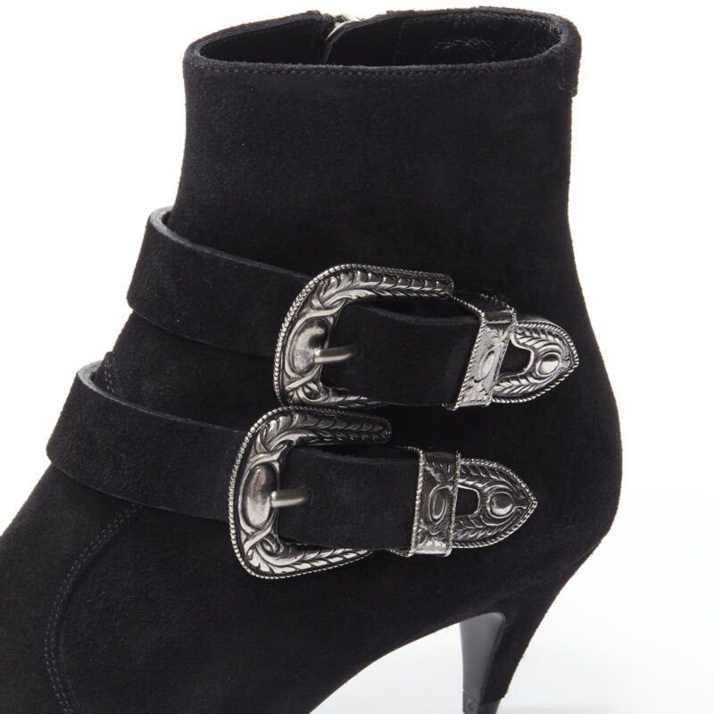 Saint Laurent Paris new SAINT LAURENT Charlotte 55 black suede silver western buckle bootie EU37 Size US 7 / IT 37 - 8 Thumbnail