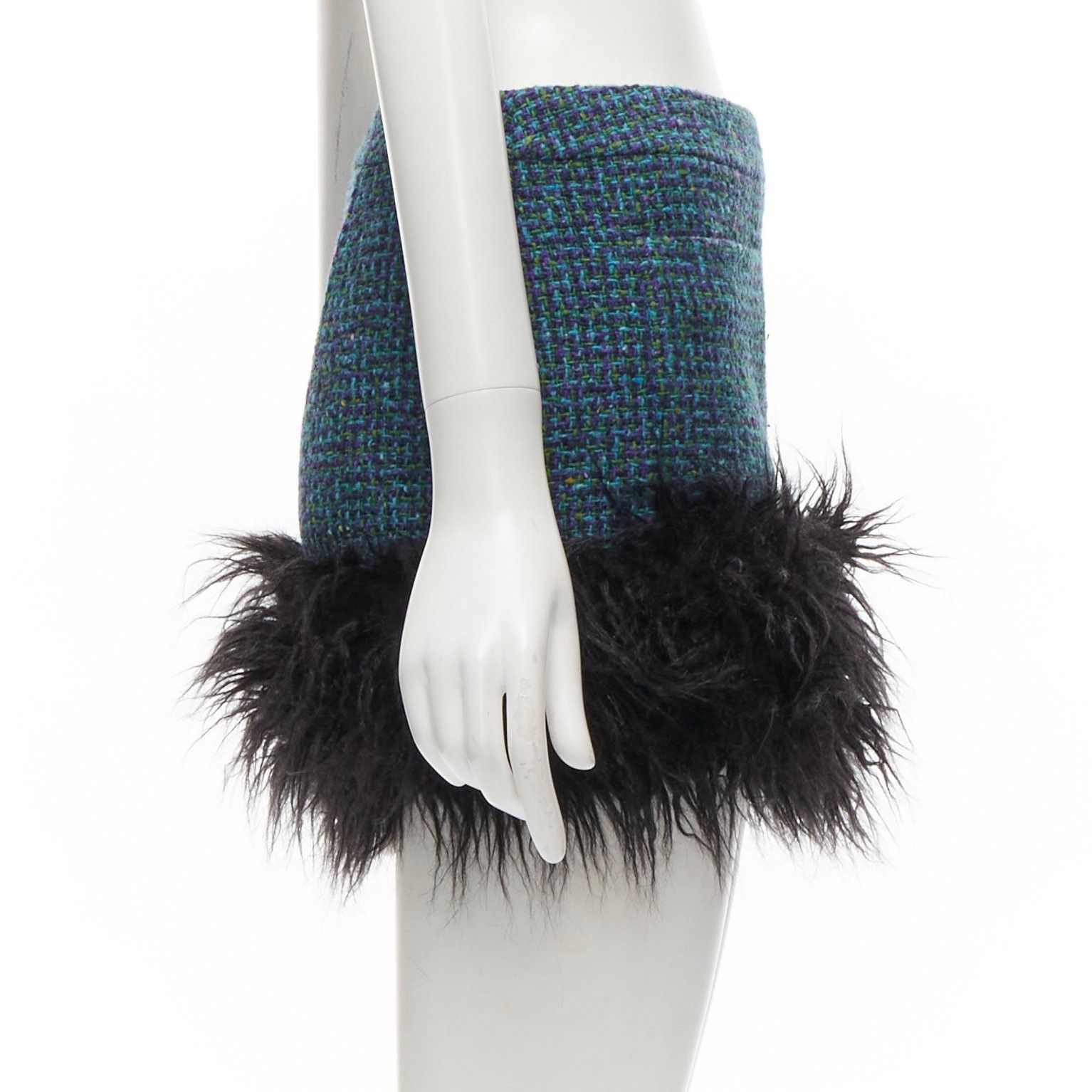 Saint Laurent Paris SAINT LAURENT 2022 blue tweed faux fur trim mini skirt FR38 M Size 28" / US 6 / IT 42 - 3 Thumbnail