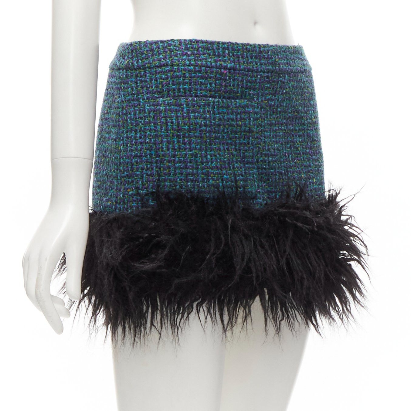 Saint Laurent Paris SAINT LAURENT 2022 blue tweed faux fur trim mini skirt FR38 M Size 28" / US 6 / IT 42 - 2 Thumbnail