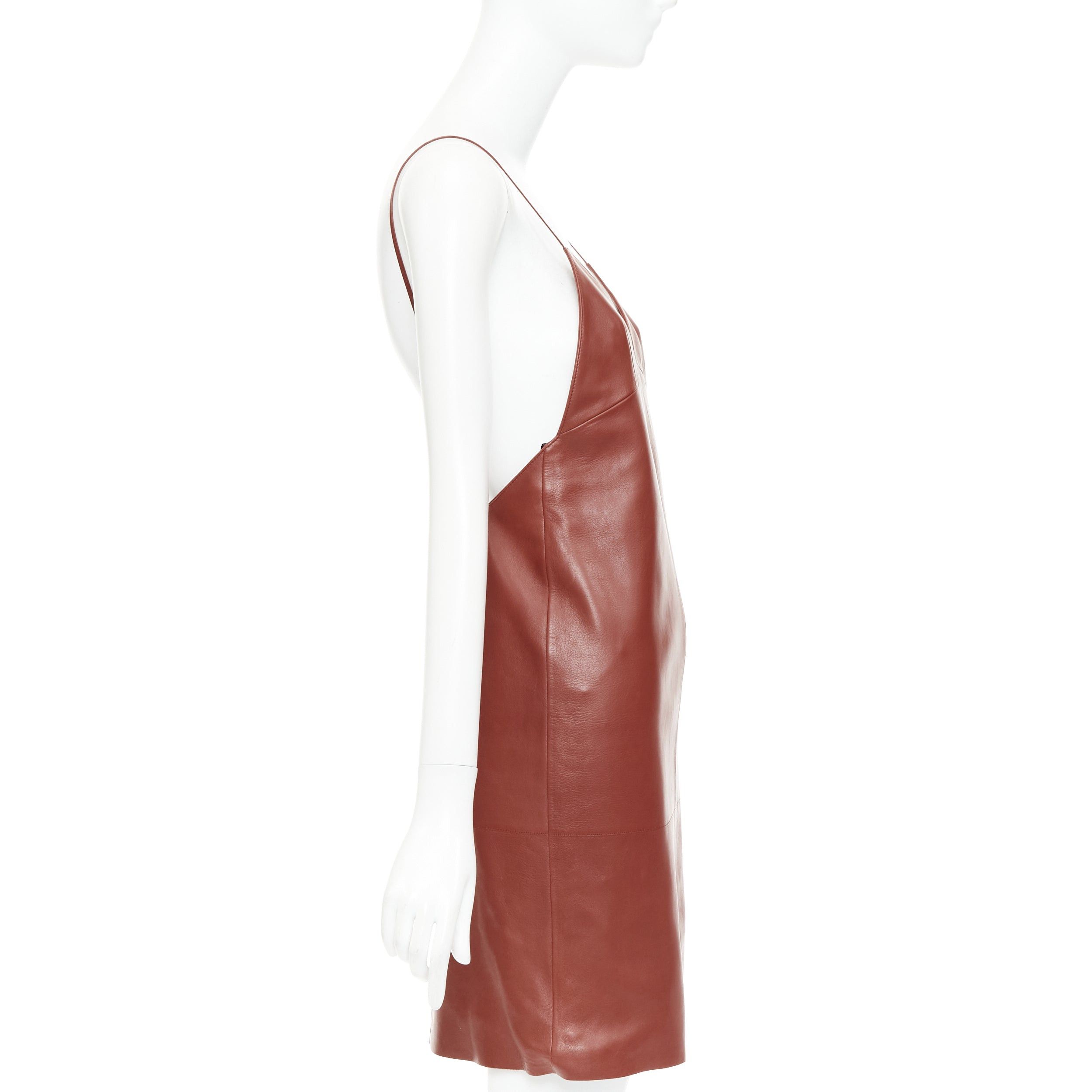 Saint Laurent Paris SAINT LAURENT 2024 Goji burgundy lambskin leather plunge low cut back slip dress FR34 XS Size XS / US 0-2 / IT 36-38 - 4 Thumbnail