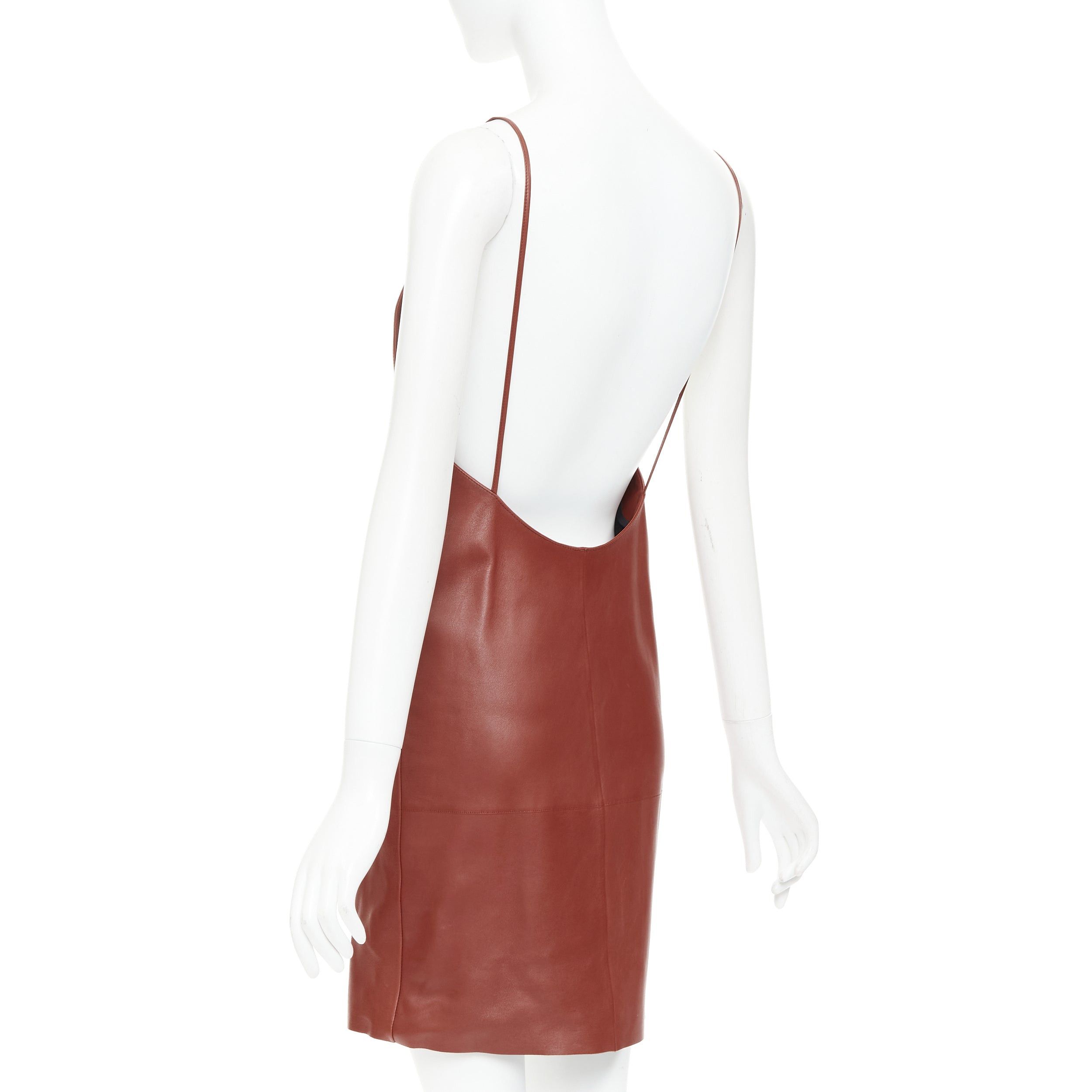 Saint Laurent Paris SAINT LAURENT 2024 Goji burgundy lambskin leather plunge low cut back slip dress FR34 XS Size XS / US 0-2 / IT 36-38 - 2 Thumbnail