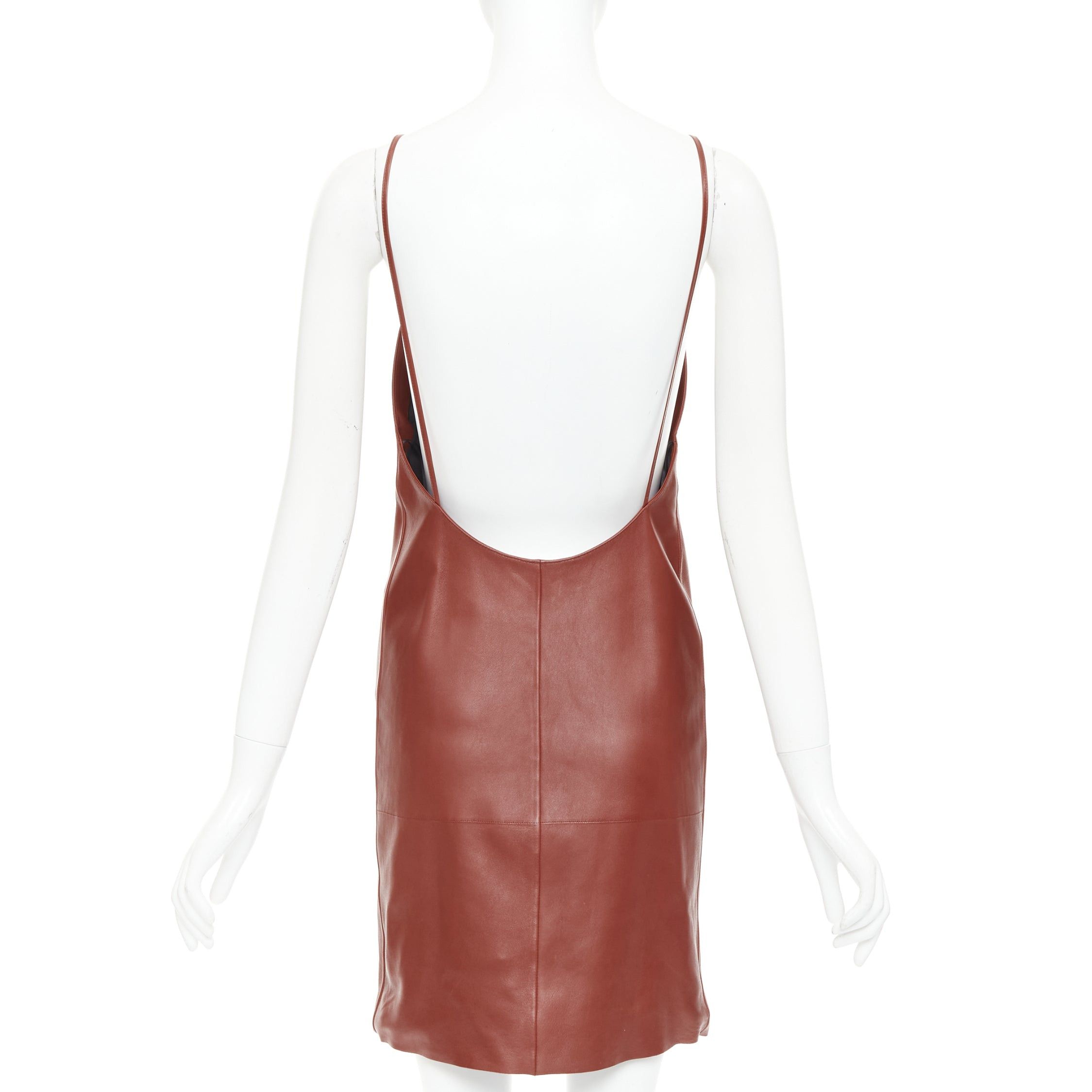 Saint Laurent Paris SAINT LAURENT 2024 Goji burgundy lambskin leather plunge low cut back slip dress FR34 XS Size XS / US 0-2 / IT 36-38 - 5 Thumbnail