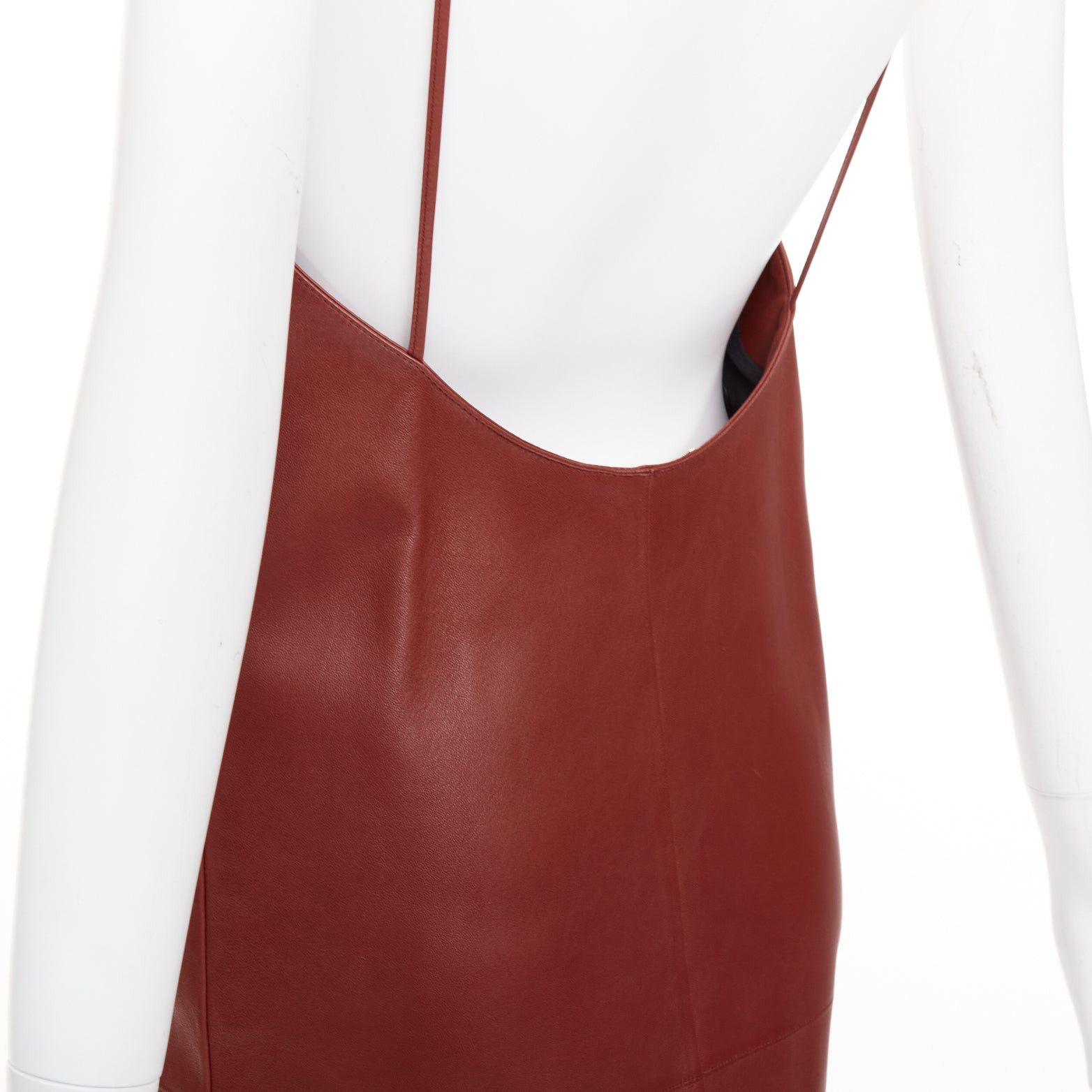 Saint Laurent Paris SAINT LAURENT 2024 Goji burgundy lambskin leather plunge low cut back slip dress FR34 XS Size XS / US 0-2 / IT 36-38 - 8 Thumbnail