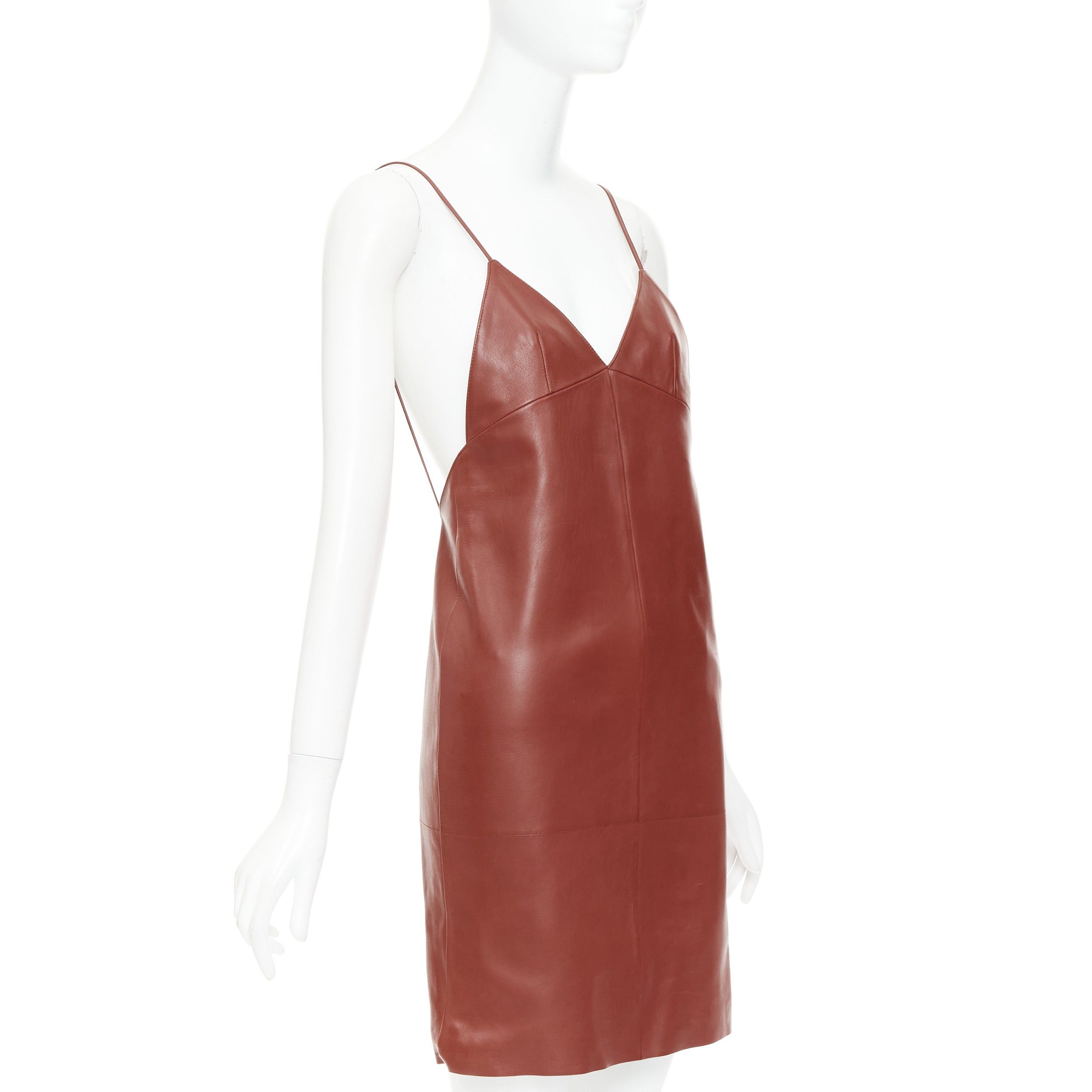 Saint Laurent Paris SAINT LAURENT 2024 Goji burgundy lambskin leather plunge low cut back slip dress FR34 XS Size XS / US 0-2 / IT 36-38 - 3 Thumbnail