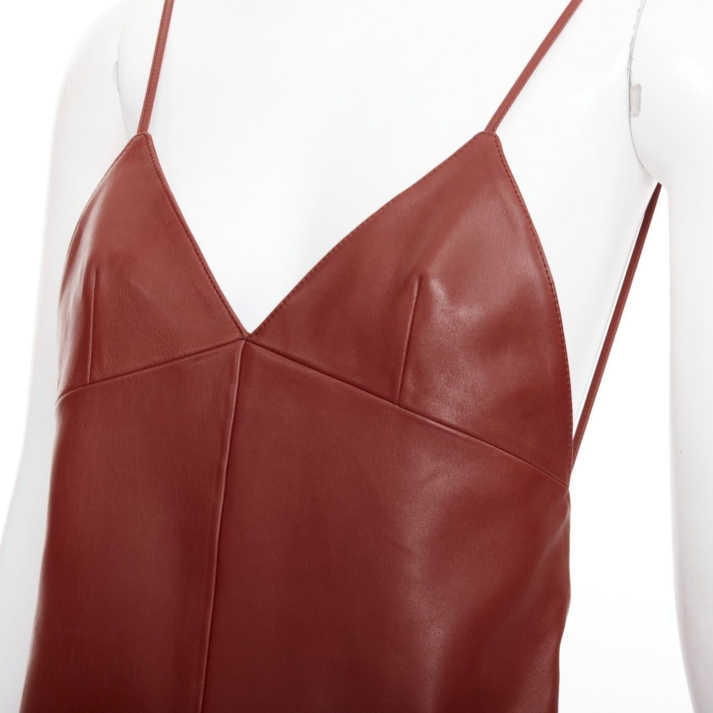 Saint Laurent Paris SAINT LAURENT 2024 Goji burgundy lambskin leather plunge low cut back slip dress FR34 XS Size XS / US 0-2 / IT 36-38 - 6 Thumbnail