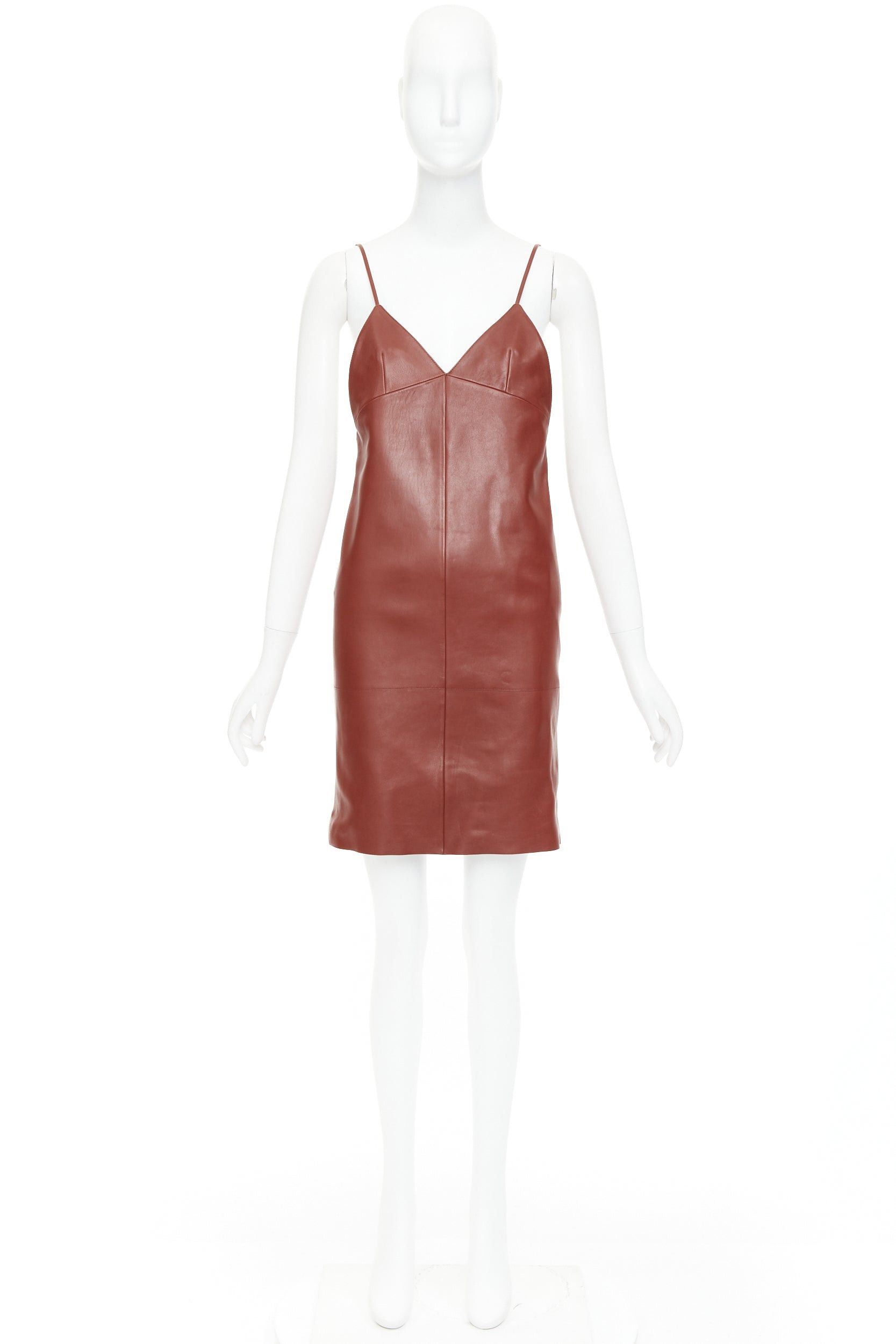 Saint Laurent Paris SAINT LAURENT 2024 Goji burgundy lambskin leather plunge low cut back slip dress FR34 XS Size XS / US 0-2 / IT 36-38 - 10 Thumbnail