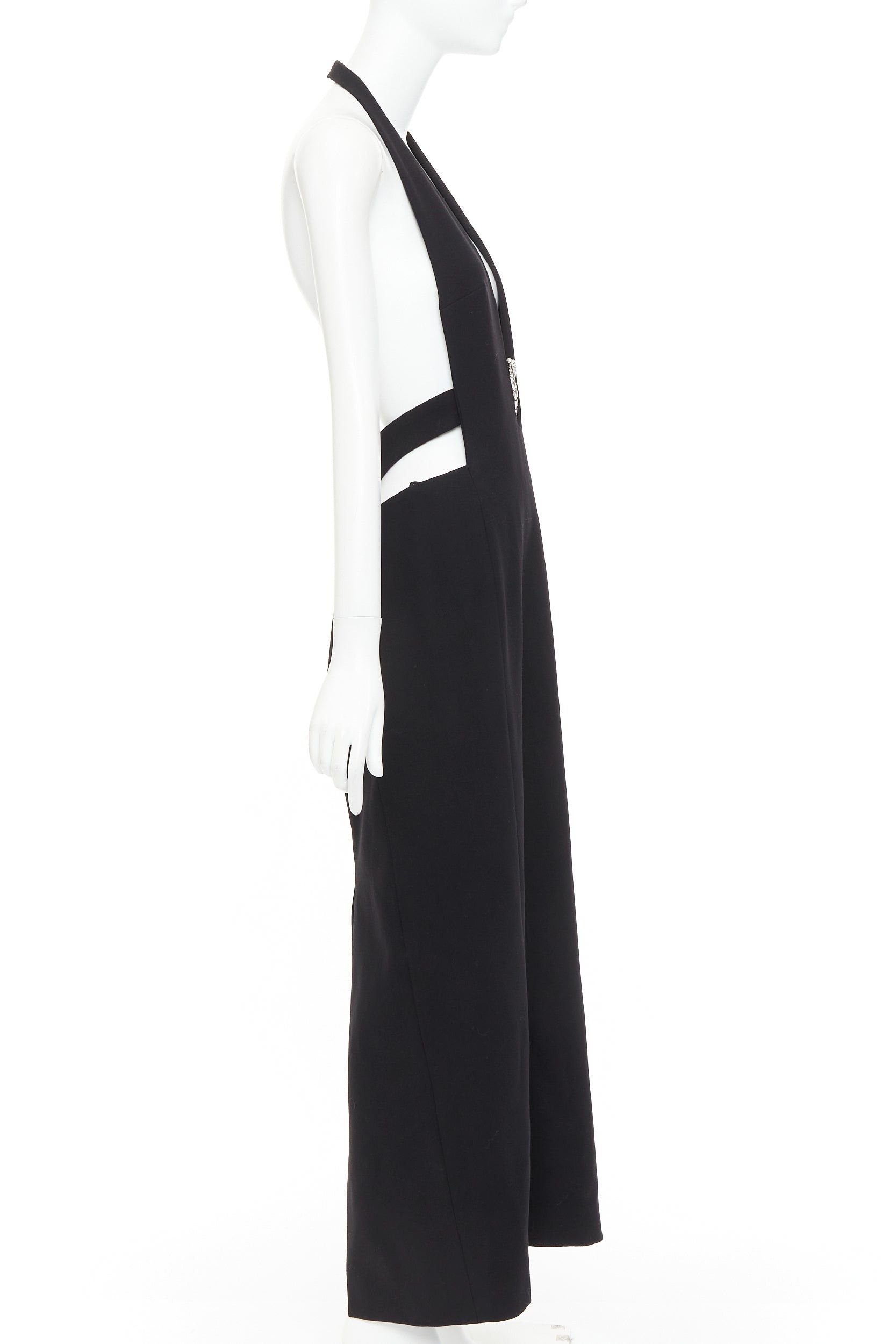 Saint Laurent Paris SAINT LAURENT 2022 Runway black plunge neck crystal brooch low back wool dress FR40 L Size M / US 6-8 / IT 42-44 - 4 Thumbnail