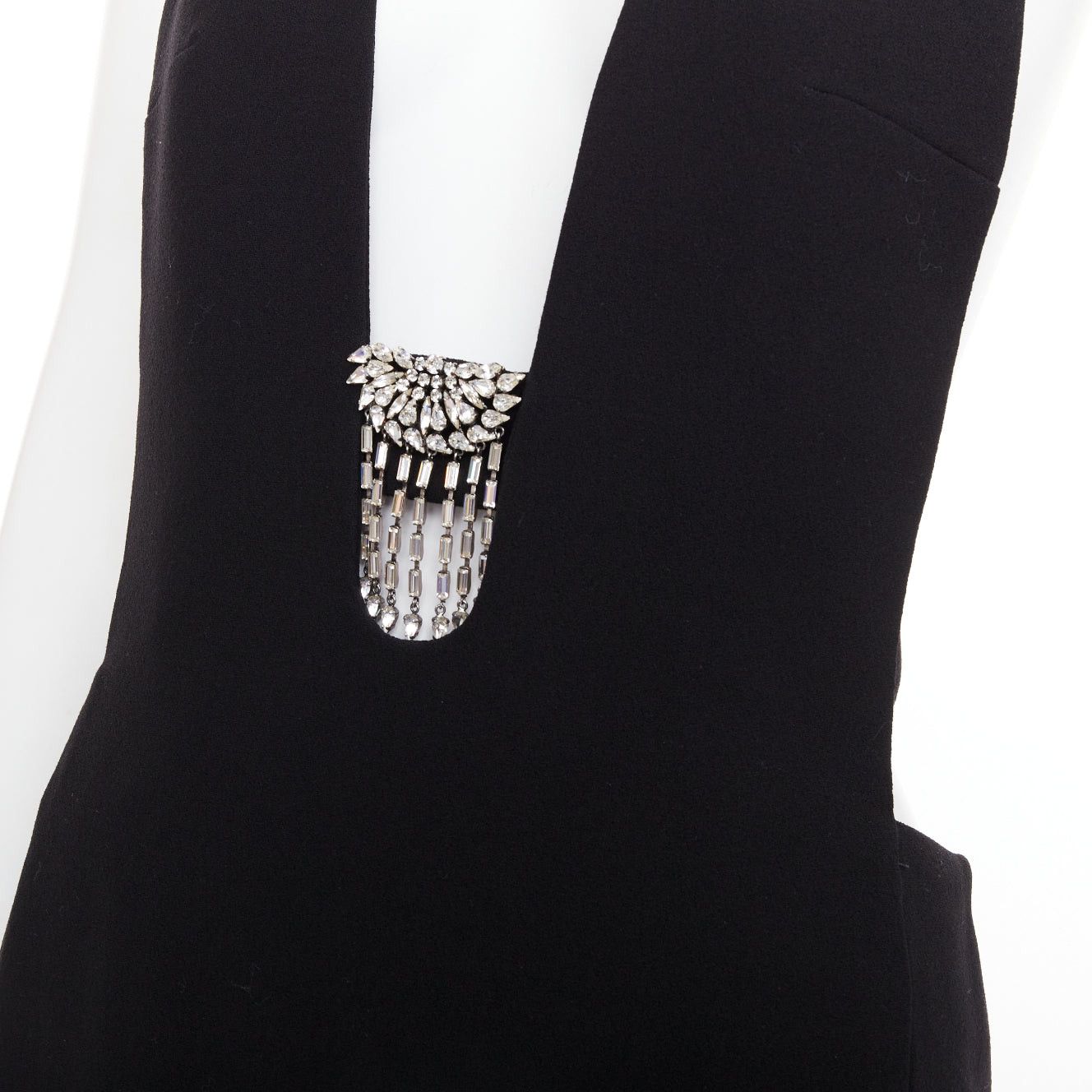 Saint Laurent Paris SAINT LAURENT 2022 Runway black plunge neck crystal brooch low back wool dress FR40 L Size M / US 6-8 / IT 42-44 - 2 Thumbnail