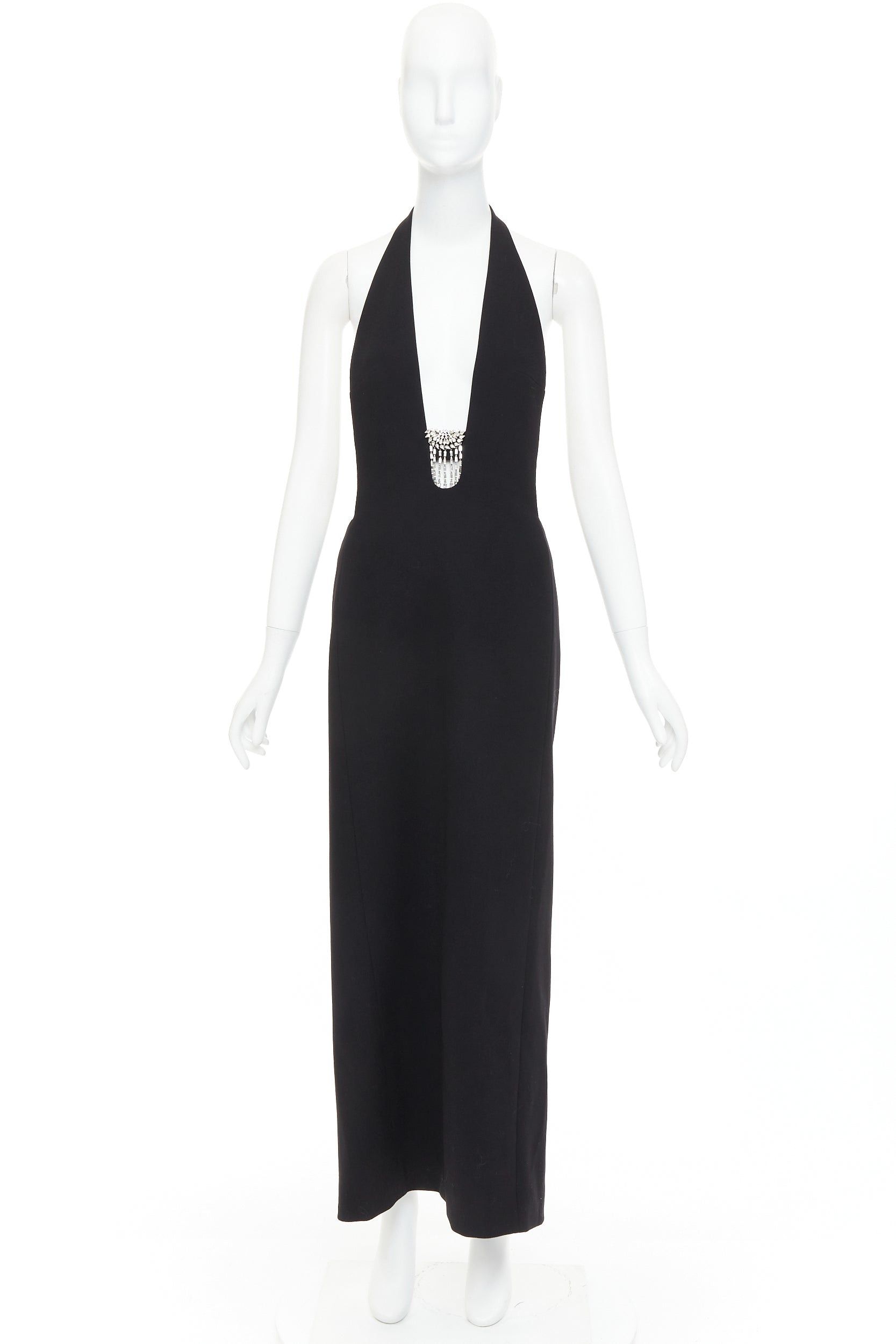 Saint Laurent Paris SAINT LAURENT 2022 Runway black plunge neck crystal brooch low back wool dress FR40 L Size M / US 6-8 / IT 42-44 - 10 Thumbnail