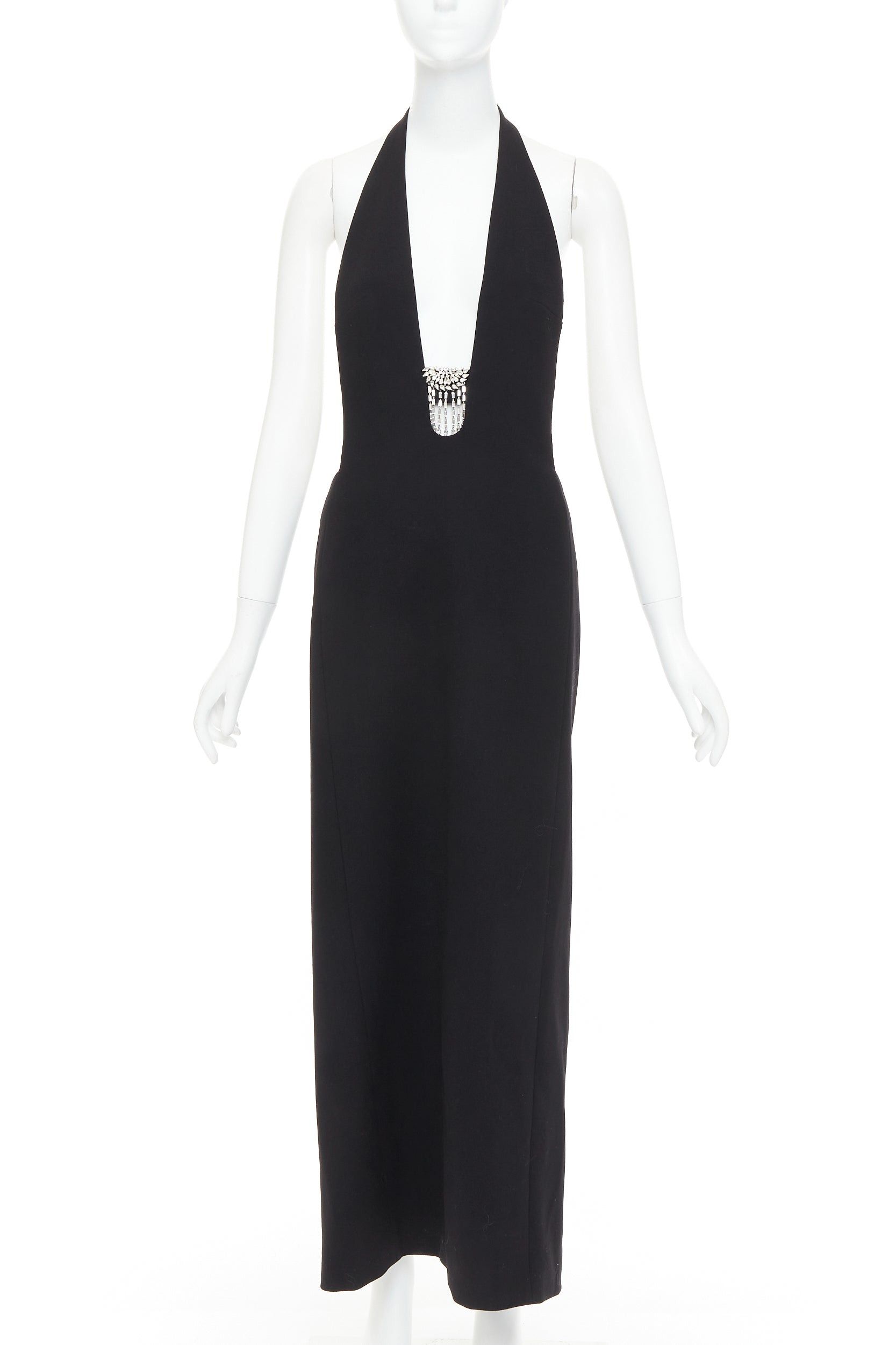 Saint Laurent Paris SAINT LAURENT 2022 Runway black plunge neck crystal brooch low back wool dress FR40 L Size M / US 6-8 / IT 42-44 - 3 Thumbnail