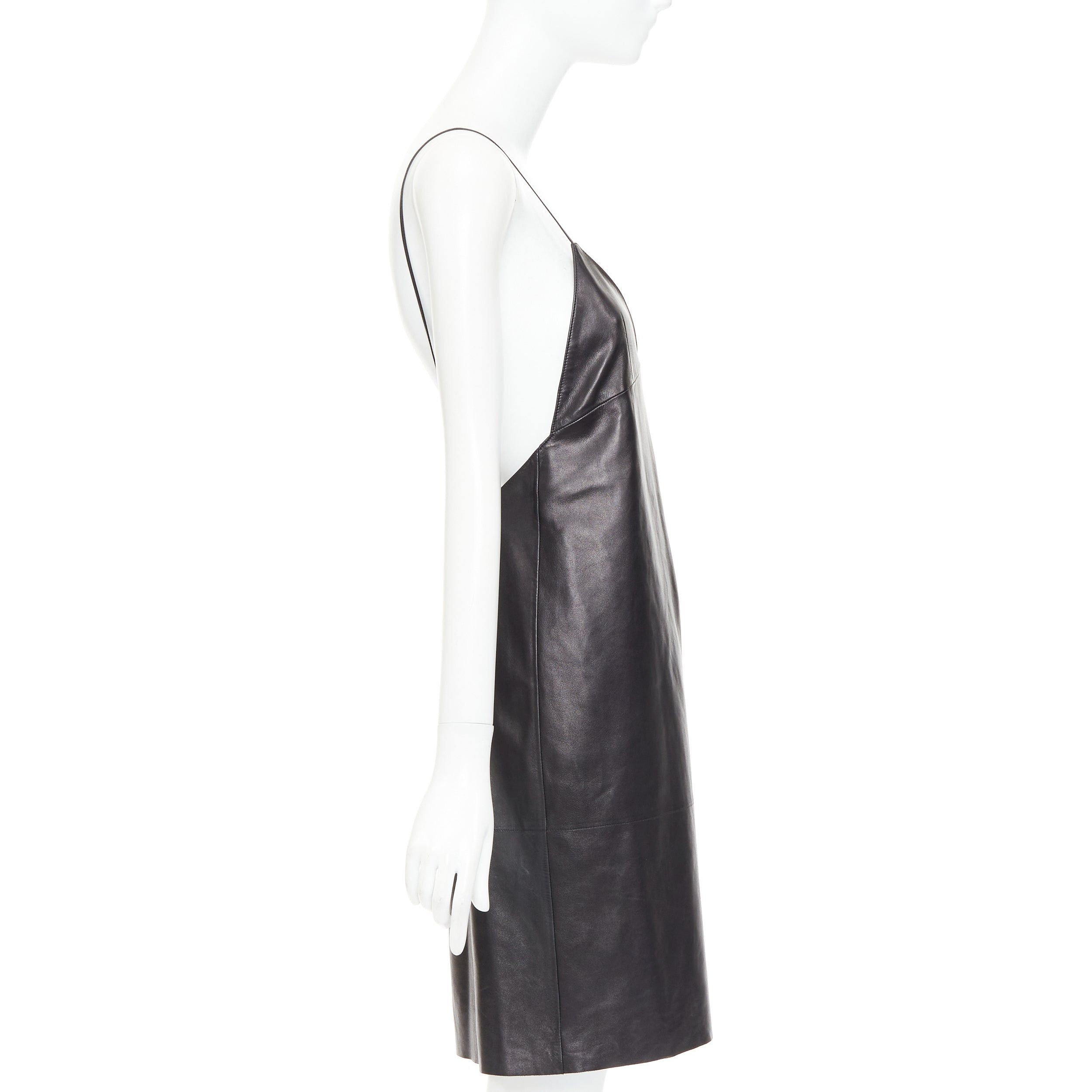 Saint Laurent Paris SAINT LAURENT 2024 black lambskin leather plunge low cut open back slip dress FR38 M Size M / US 6-8 / IT 42-44 - 4 Thumbnail