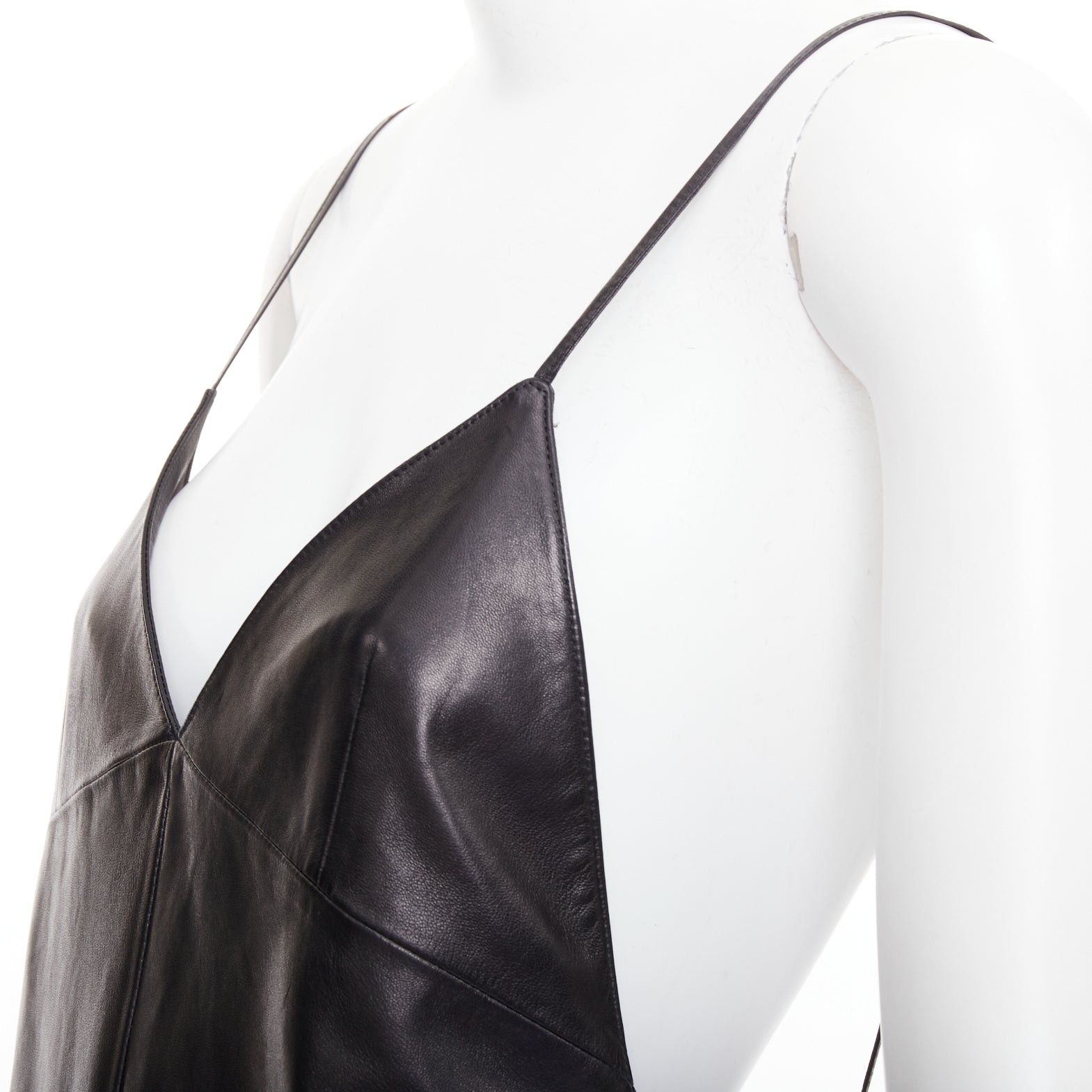 Saint Laurent Paris SAINT LAURENT 2024 black lambskin leather plunge low cut open back slip dress FR38 M Size M / US 6-8 / IT 42-44 - 6 Thumbnail