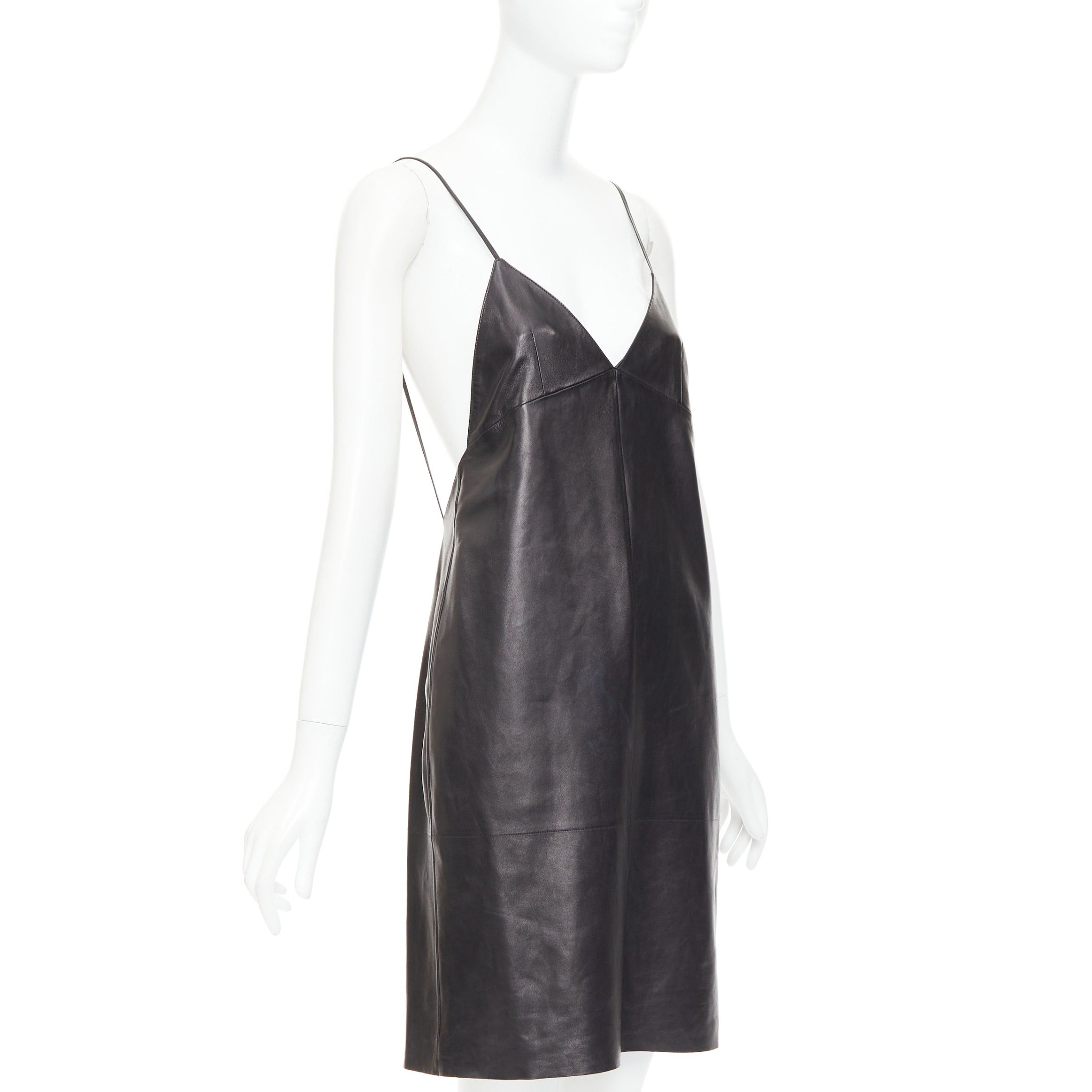 Saint Laurent Paris SAINT LAURENT 2024 black lambskin leather plunge low cut open back slip dress FR38 M Size M / US 6-8 / IT 42-44 - 3 Thumbnail