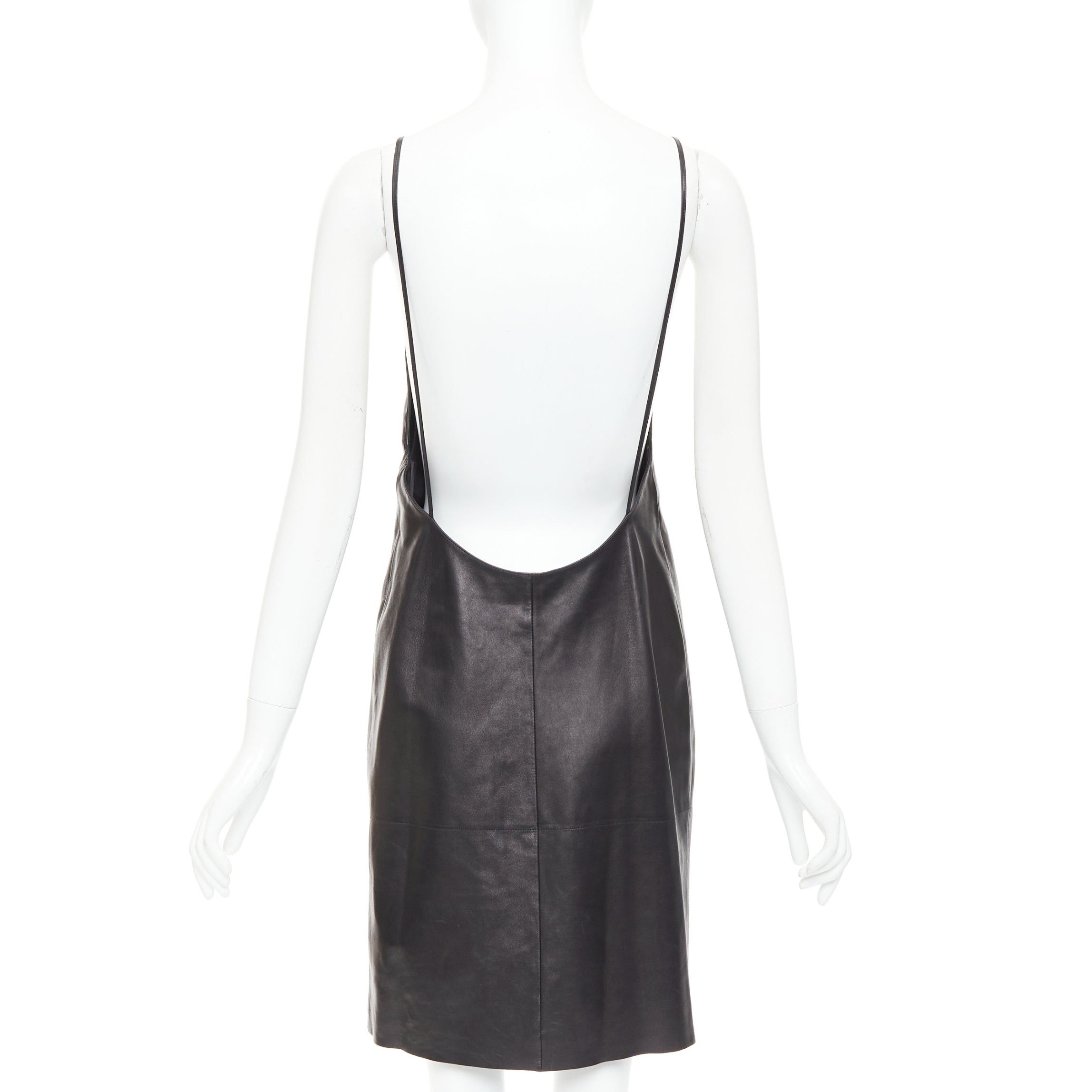 Saint Laurent Paris SAINT LAURENT 2024 black lambskin leather plunge low cut open back slip dress FR38 M Size M / US 6-8 / IT 42-44 - 5 Thumbnail