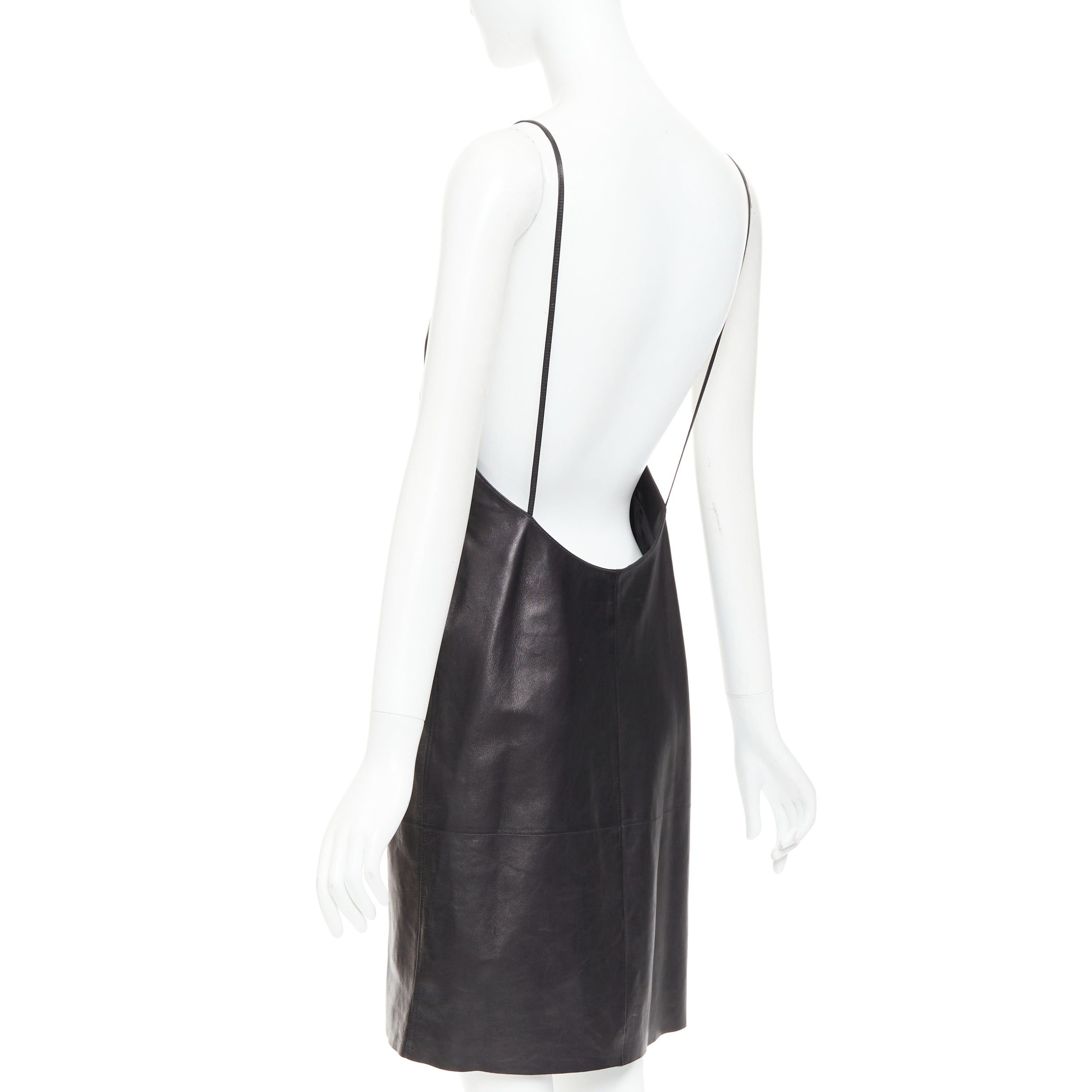 Saint Laurent Paris SAINT LAURENT 2024 black lambskin leather plunge low cut open back slip dress FR38 M Size M / US 6-8 / IT 42-44 - 2 Thumbnail