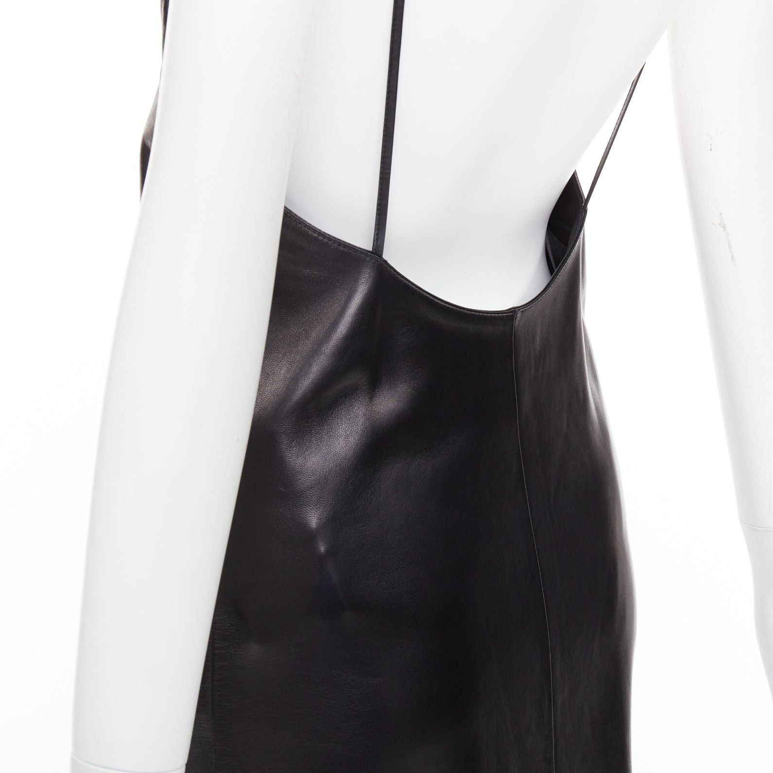Saint Laurent Paris SAINT LAURENT 2024 black lambskin leather plunge low cut back slit slip gown dress FR34 XS Size XS / US 0-2 / IT 36-38 - 8 Thumbnail