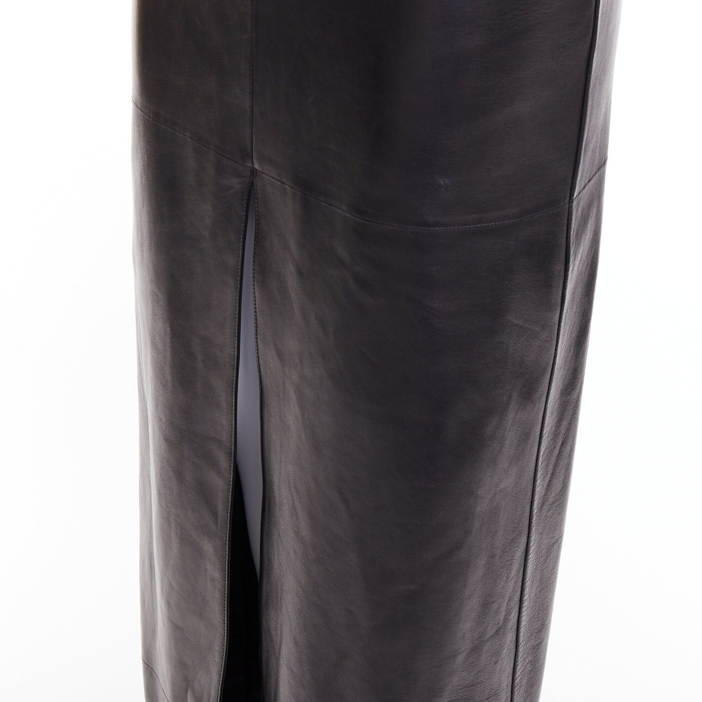 Saint Laurent Paris SAINT LAURENT 2024 black lambskin leather plunge low cut back slit slip gown dress FR34 XS Size XS / US 0-2 / IT 36-38 - 7 Thumbnail