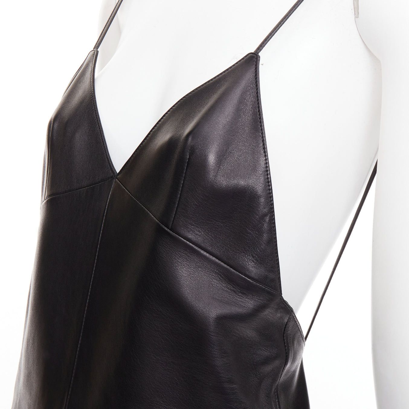 Saint Laurent Paris SAINT LAURENT 2024 black lambskin leather plunge low cut back slit slip gown dress FR34 XS Size XS / US 0-2 / IT 36-38 - 2 Thumbnail
