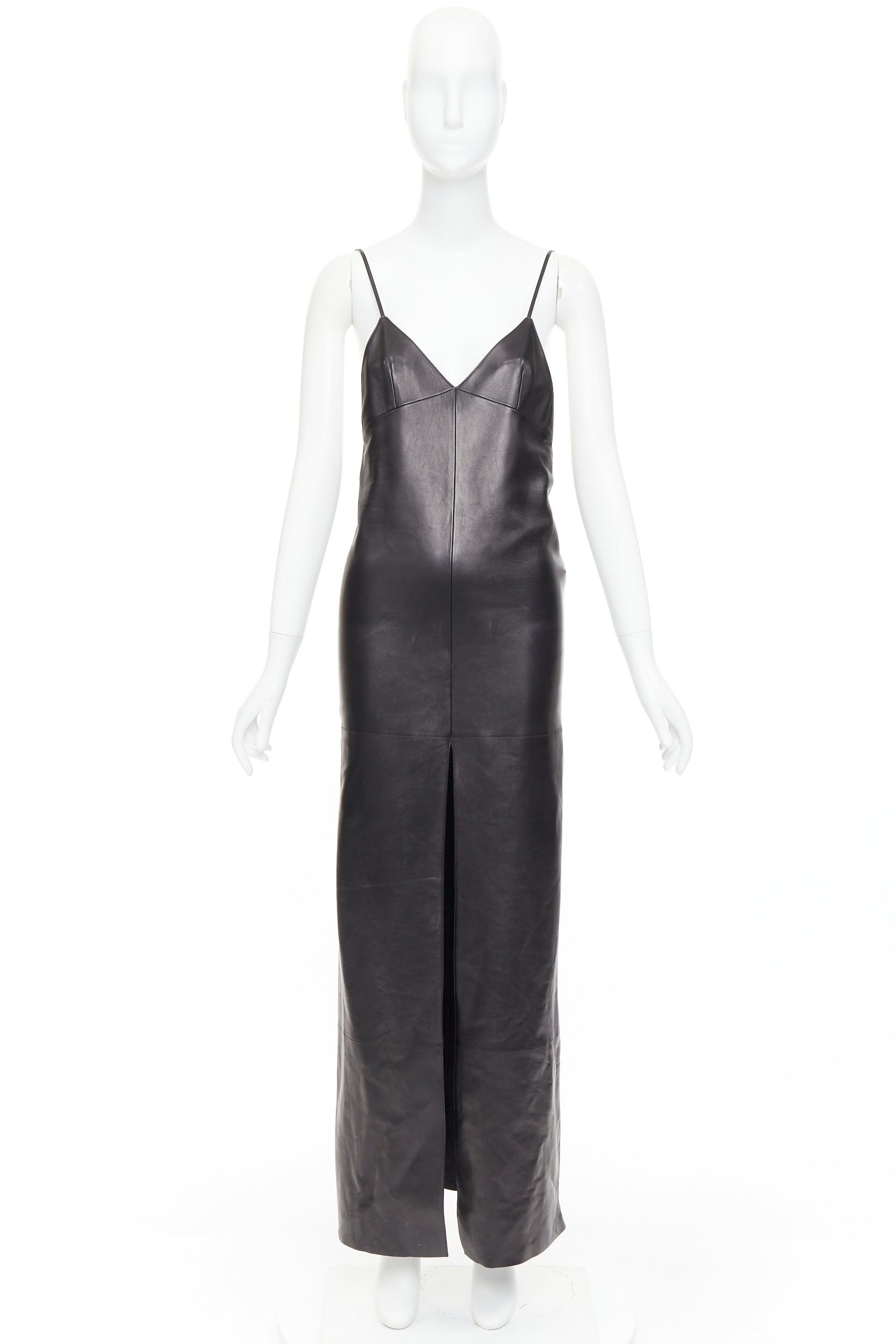Saint Laurent Paris SAINT LAURENT 2024 black lambskin leather plunge low cut back slit slip gown dress FR34 XS Size XS / US 0-2 / IT 36-38 - 10 Thumbnail