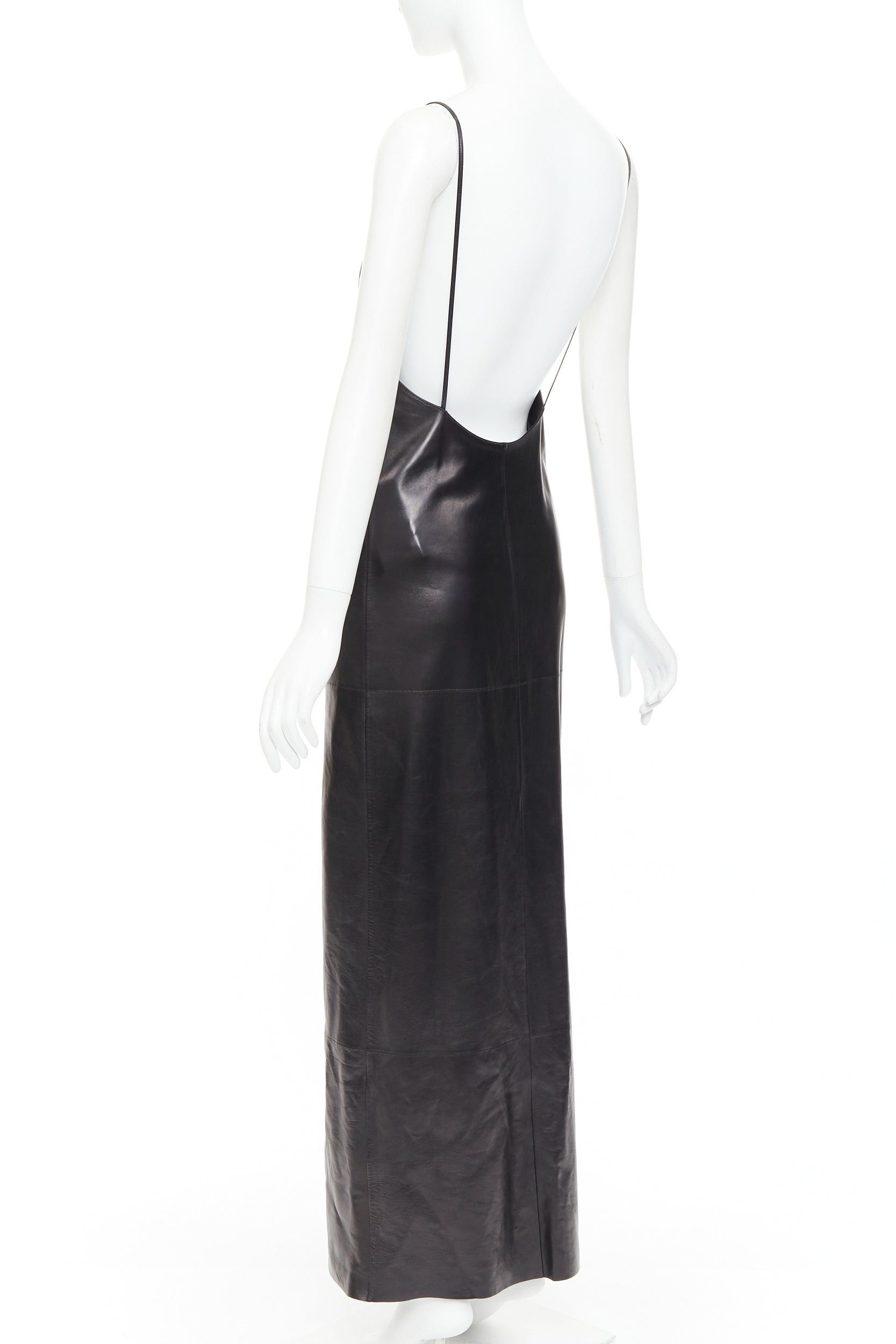 Saint Laurent Paris SAINT LAURENT 2024 black lambskin leather plunge low cut back slit slip gown dress FR34 XS Size XS / US 0-2 / IT 36-38 - 6 Thumbnail