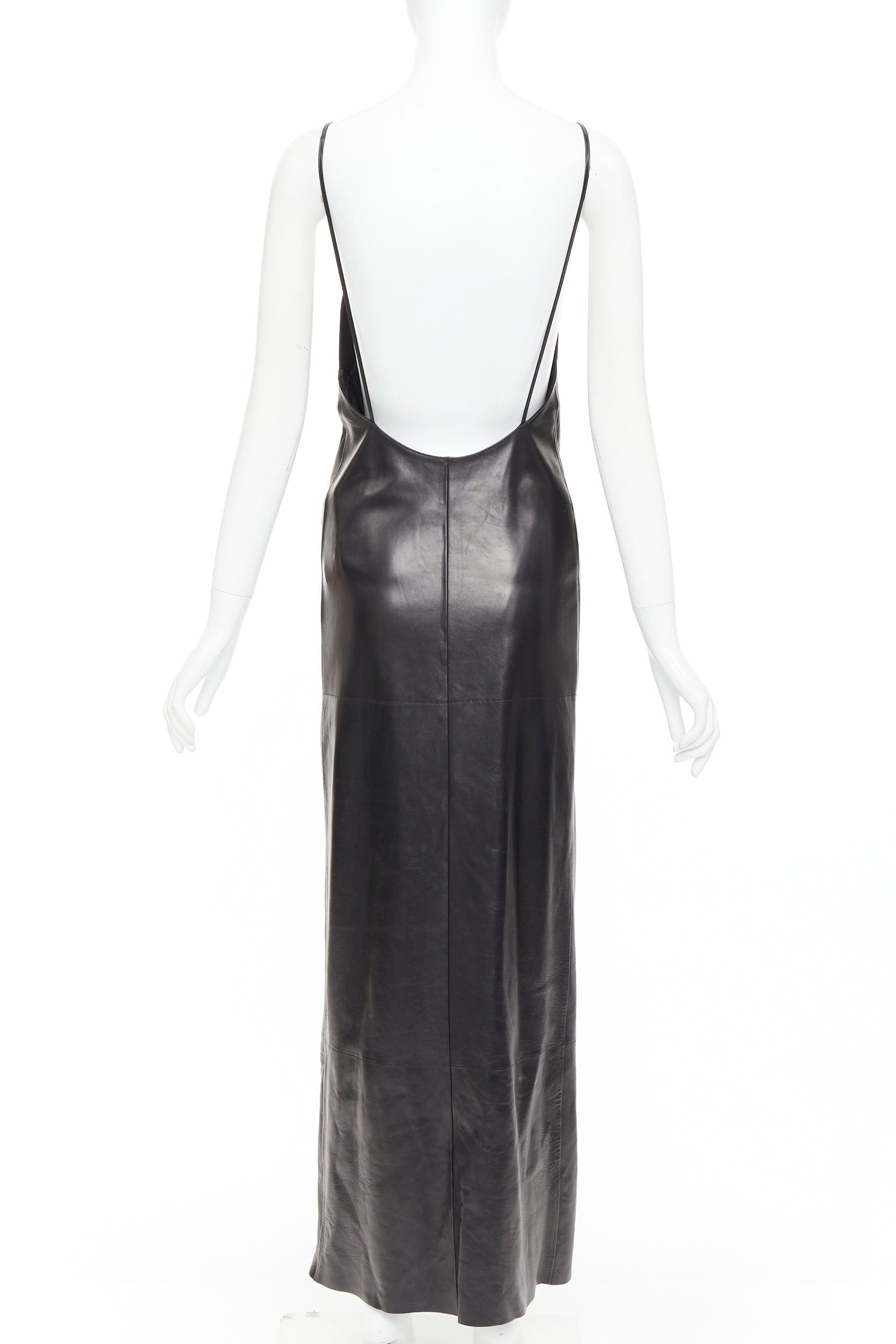 Saint Laurent Paris SAINT LAURENT 2024 black lambskin leather plunge low cut back slit slip gown dress FR34 XS Size XS / US 0-2 / IT 36-38 - 5 Thumbnail