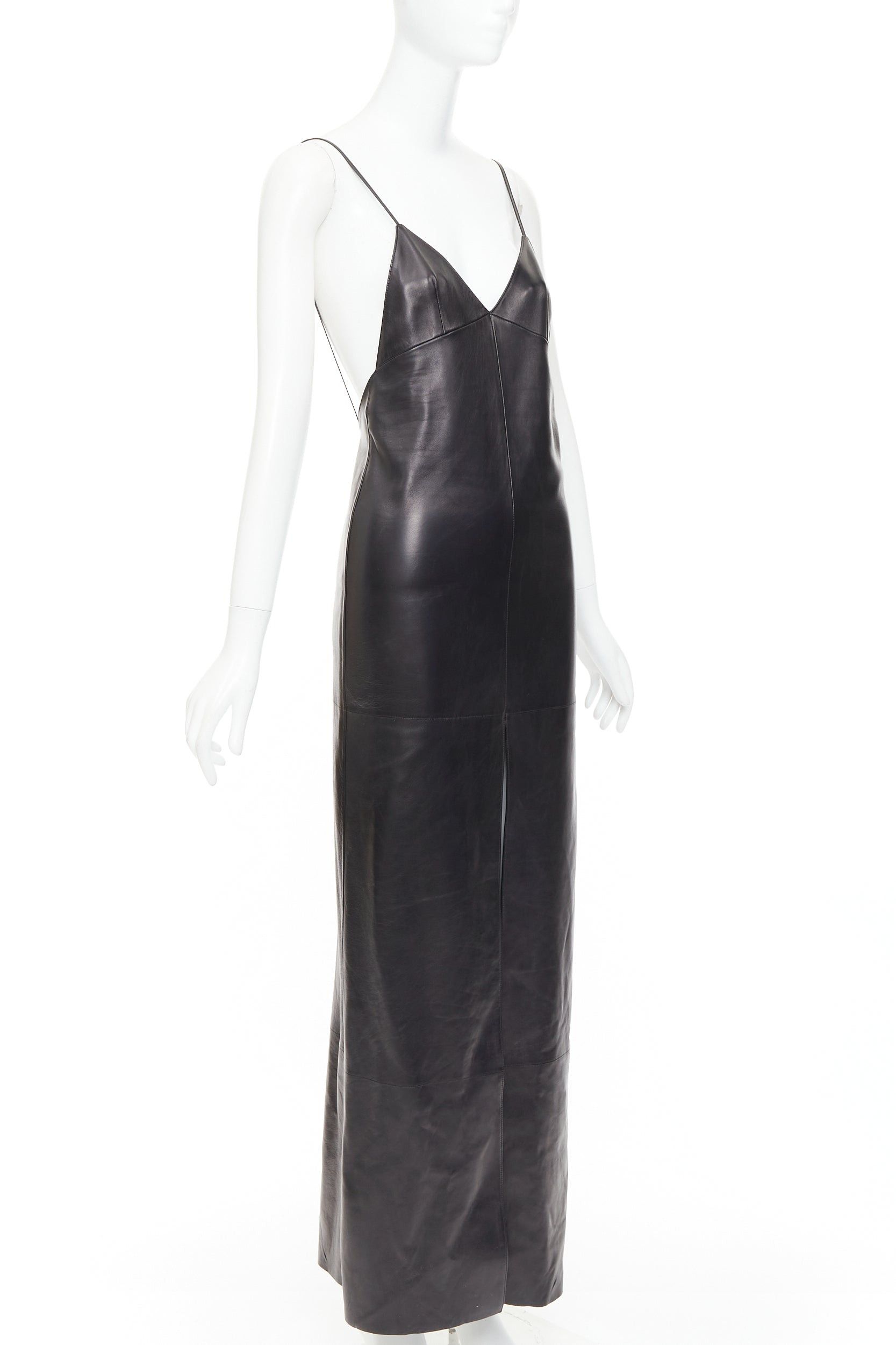 Saint Laurent Paris SAINT LAURENT 2024 black lambskin leather plunge low cut back slit slip gown dress FR34 XS Size XS / US 0-2 / IT 36-38 - 3 Thumbnail
