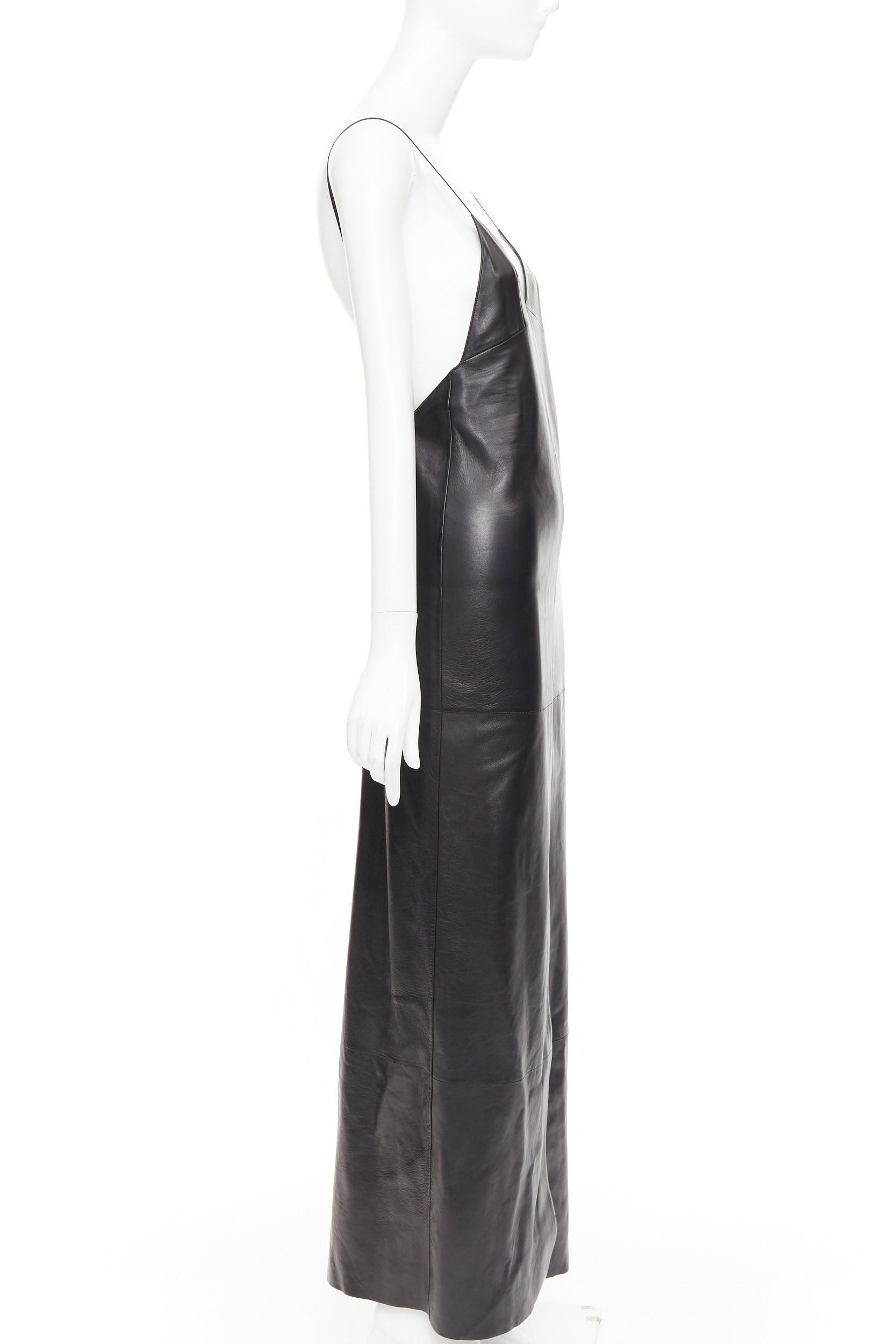 Saint Laurent Paris SAINT LAURENT 2024 black lambskin leather plunge low cut back slit slip gown dress FR34 XS Size XS / US 0-2 / IT 36-38 - 4 Thumbnail