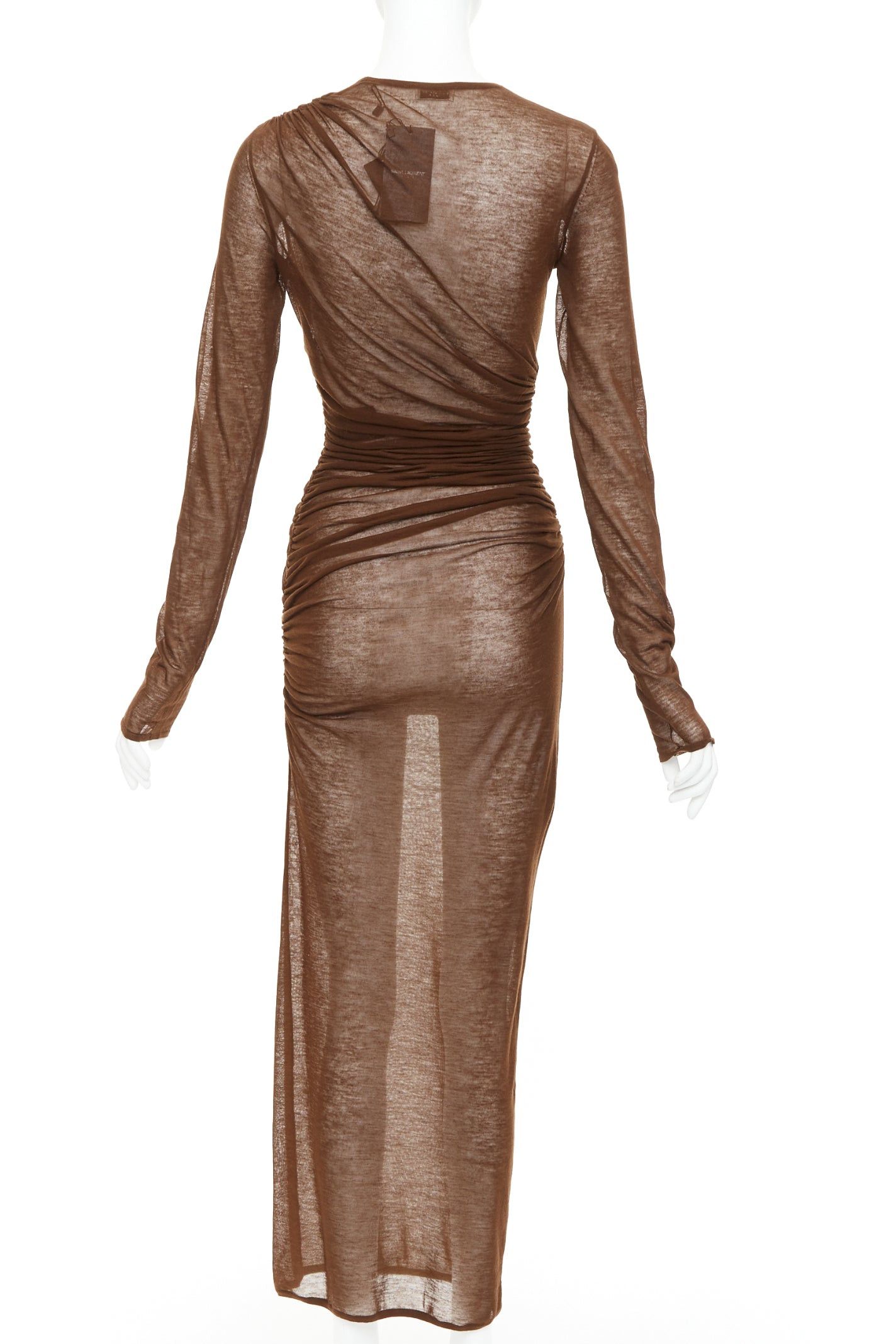 Saint Laurent Paris SAINT LAURENT 2023 marron brown sheer wool blend knit side ruched midi dress S Size S / US 4 / IT 40 - 4 Thumbnail