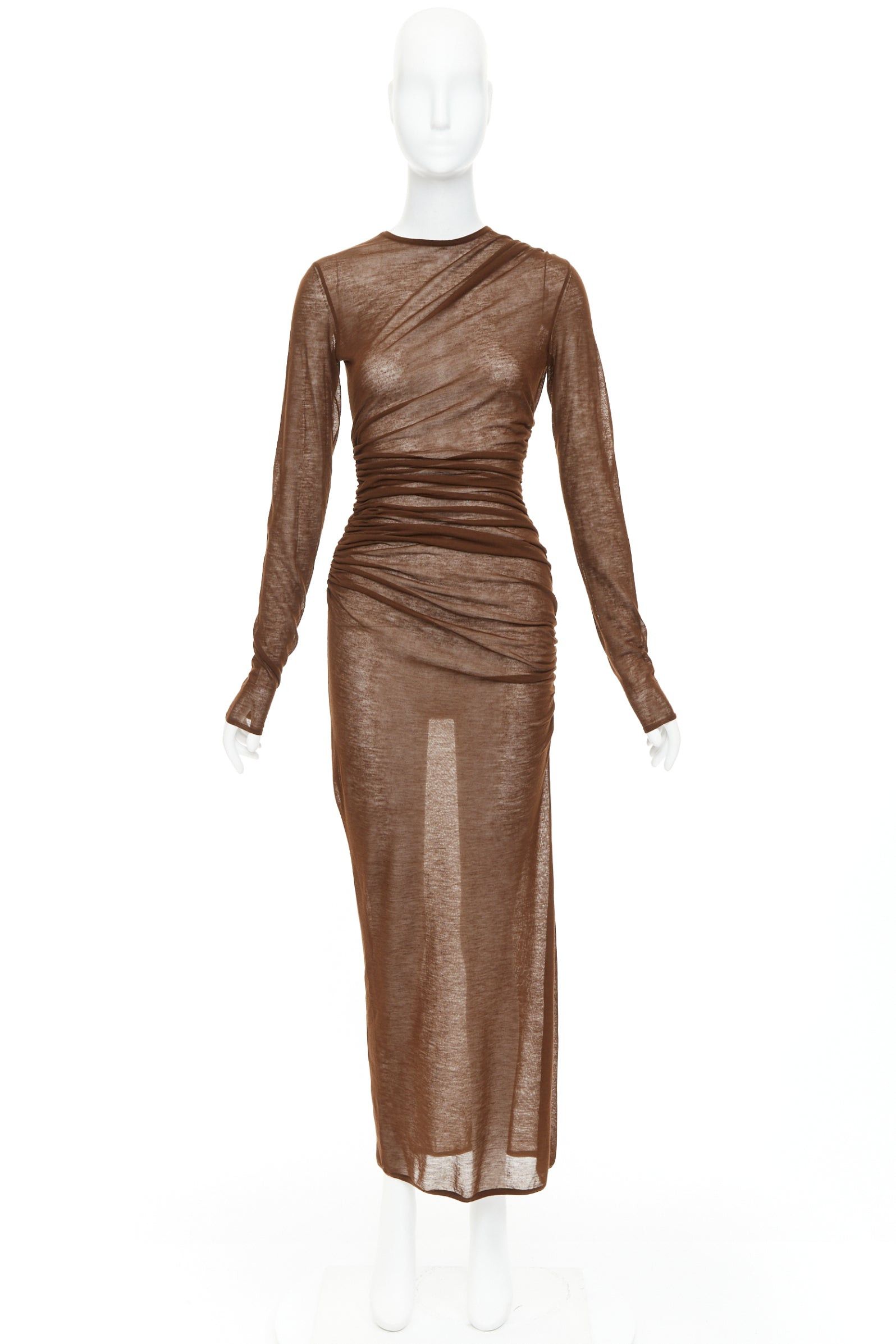 Saint Laurent Paris SAINT LAURENT 2023 marron brown sheer wool blend knit side ruched midi dress S Size S / US 4 / IT 40 - 10 Thumbnail