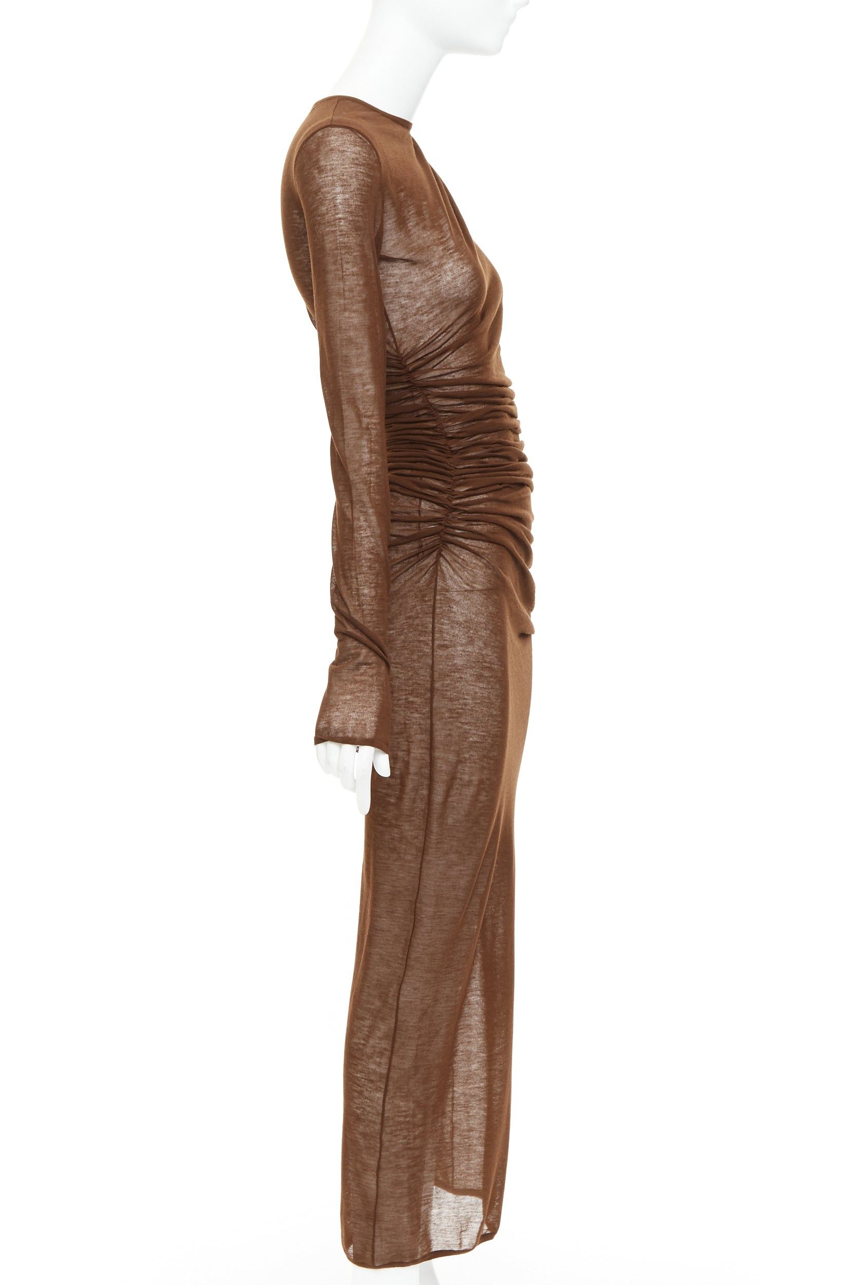 Saint Laurent Paris SAINT LAURENT 2023 marron brown sheer wool blend knit side ruched midi dress S Size S / US 4 / IT 40 - 5 Thumbnail
