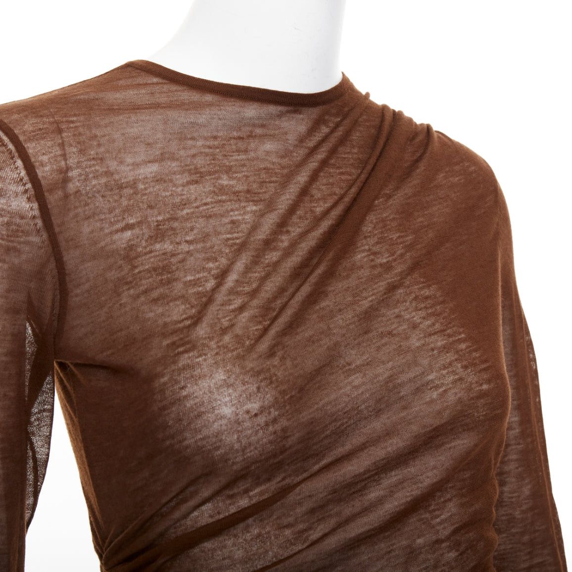 Saint Laurent Paris SAINT LAURENT 2023 marron brown sheer wool blend knit side ruched midi dress S Size S / US 4 / IT 40 - 7 Thumbnail