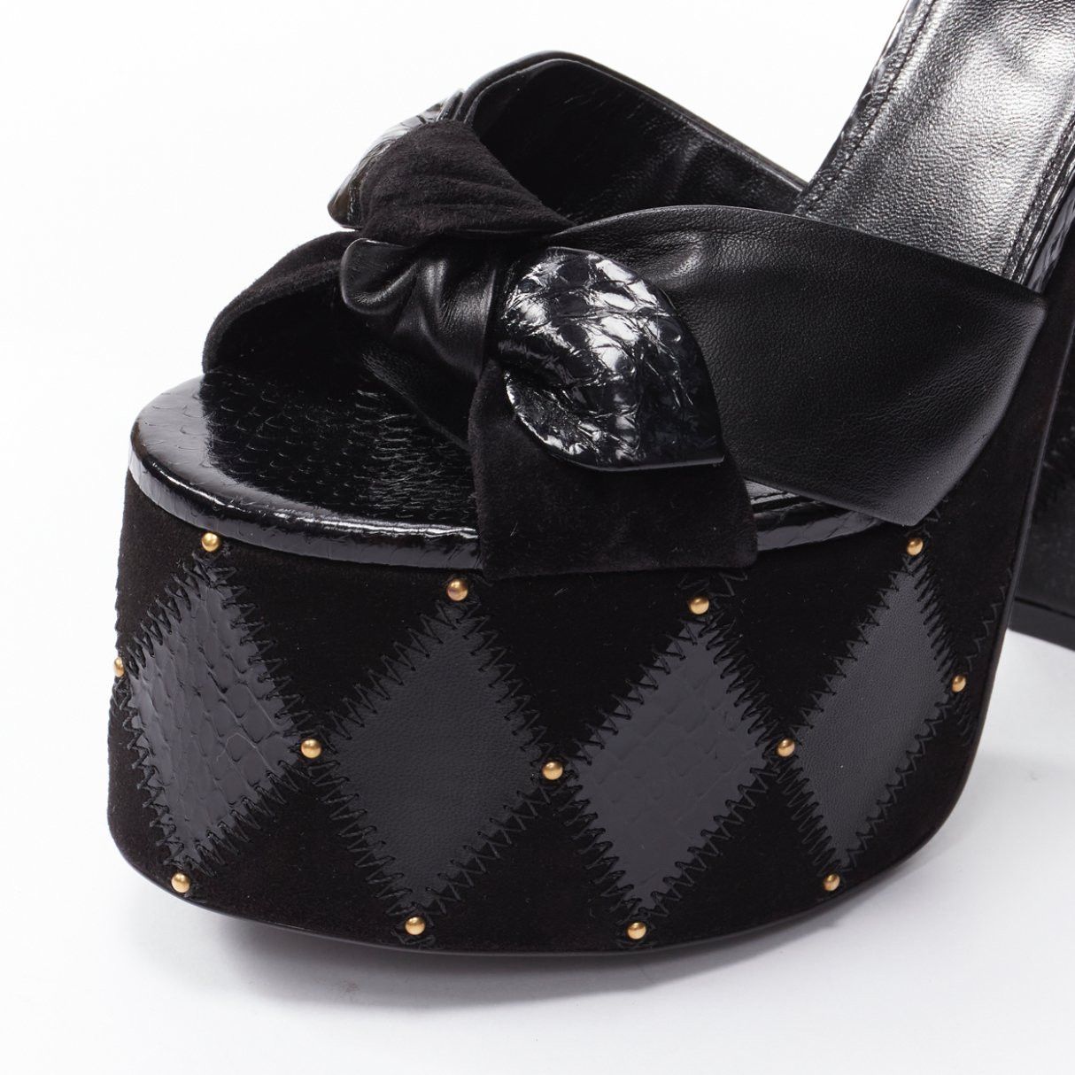 Saint Laurent Paris SAINT LAURENT Paige 85 Runway black patchwork stud platform sandals EU37 Size US 7 / IT 37 - 7 Thumbnail