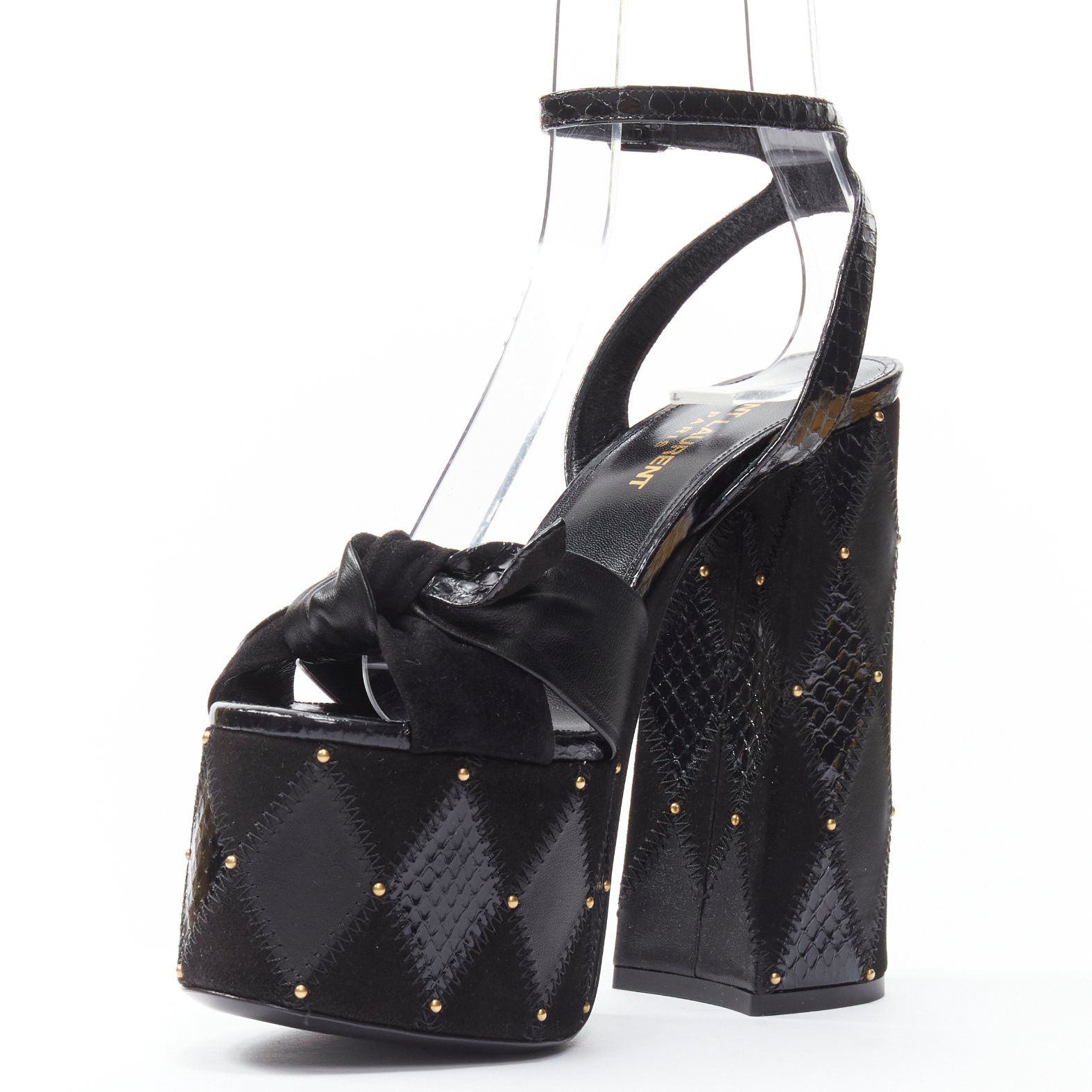 Saint Laurent Paris SAINT LAURENT Paige 85 Runway black patchwork stud platform sandals EU37 Size US 7 / IT 37 - 4 Thumbnail