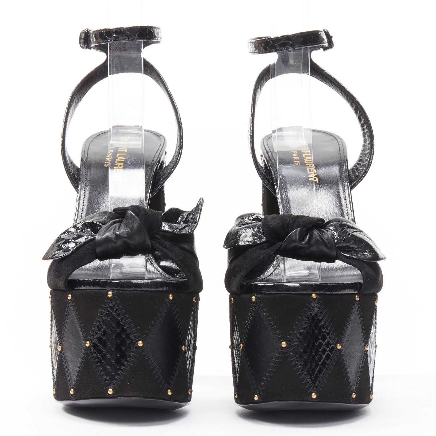 Saint Laurent Paris SAINT LAURENT Paige 85 Runway black patchwork stud platform sandals EU37 Size US 7 / IT 37 - 3 Thumbnail