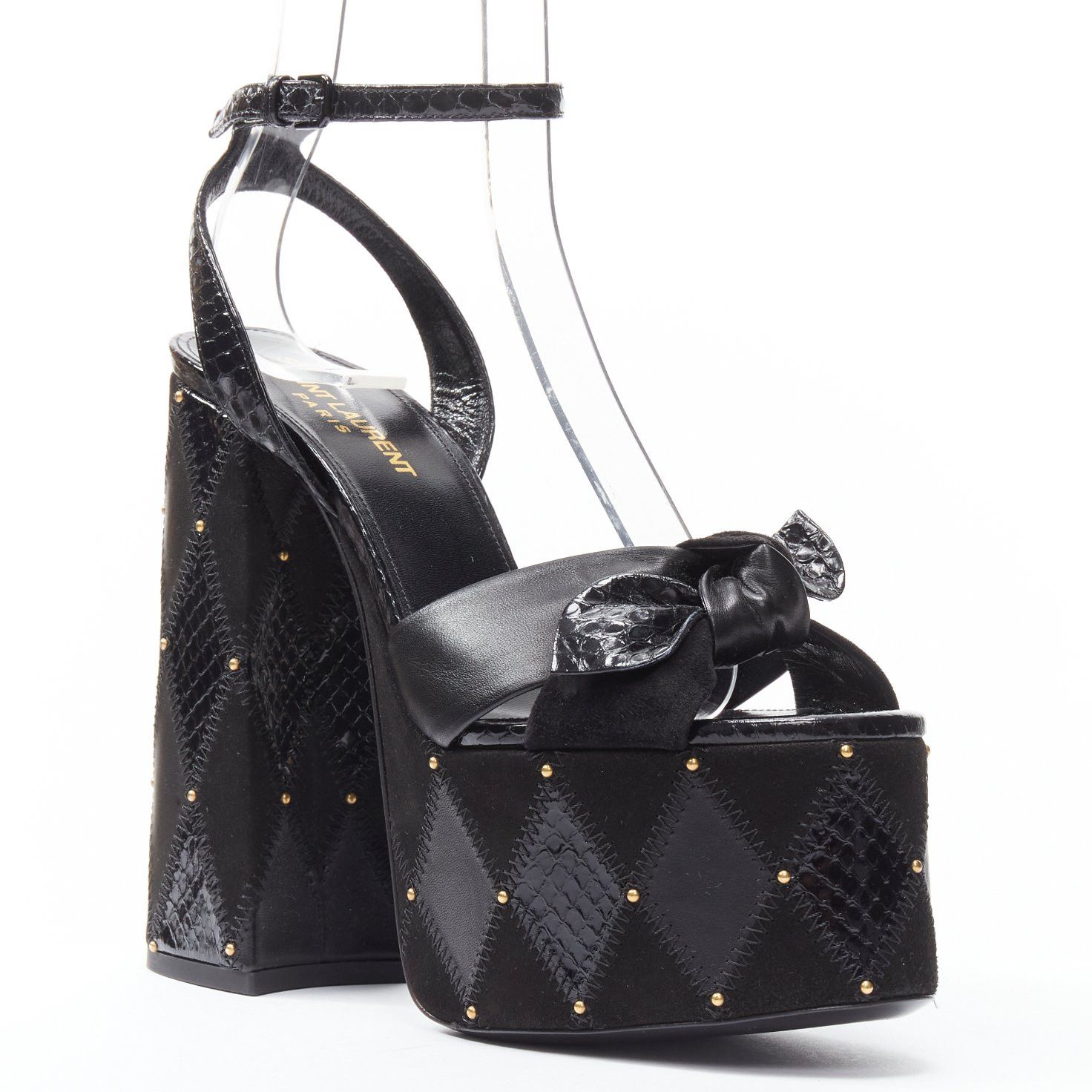 Saint Laurent Paris SAINT LAURENT Paige 85 Runway black patchwork stud platform sandals EU37 Size US 7 / IT 37 - 2 Thumbnail