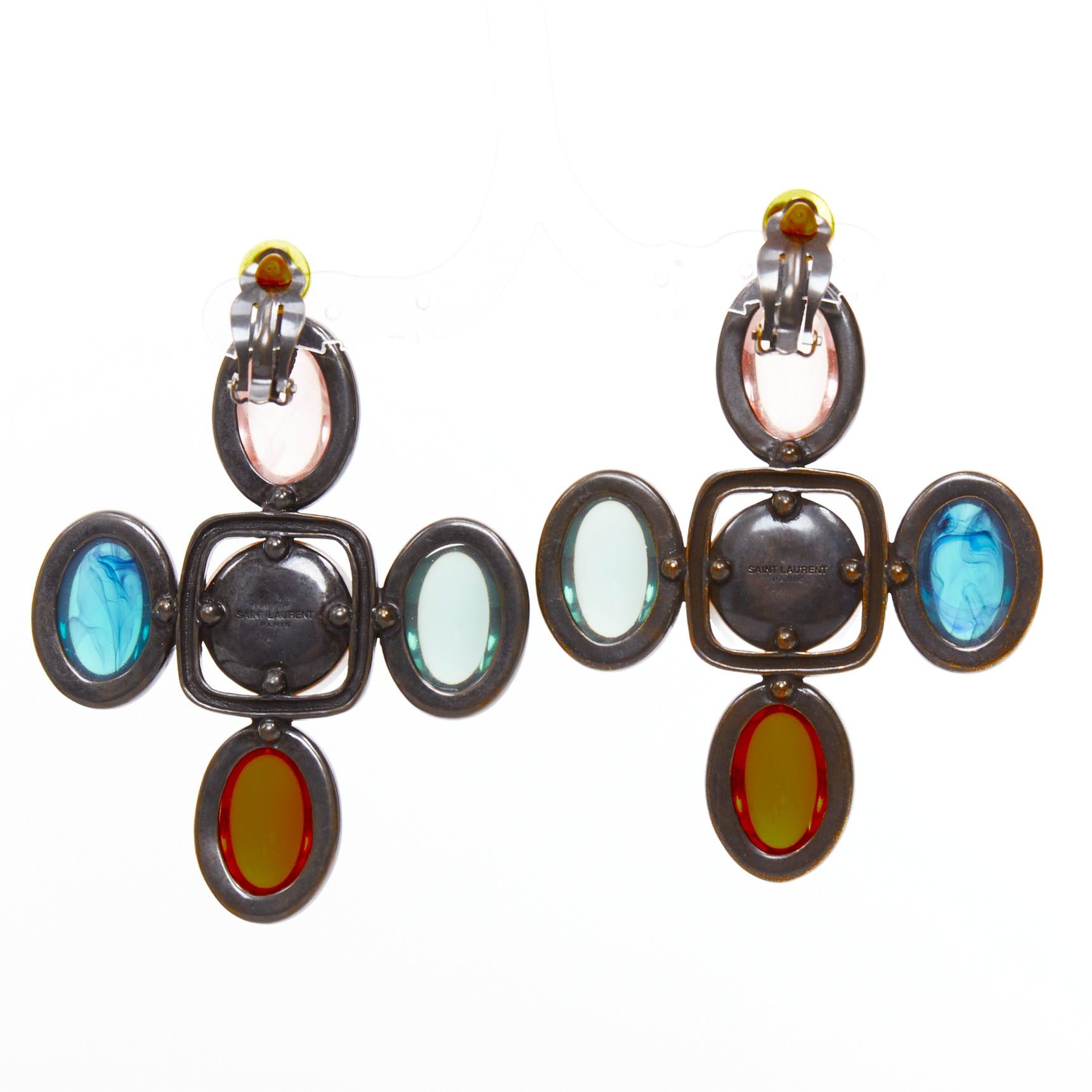 Saint Laurent Paris rare SAINT LAURENT Runway Resin Cabochon Cross aged bronze clip earrings Pair Size ONE SIZE - 6 Thumbnail