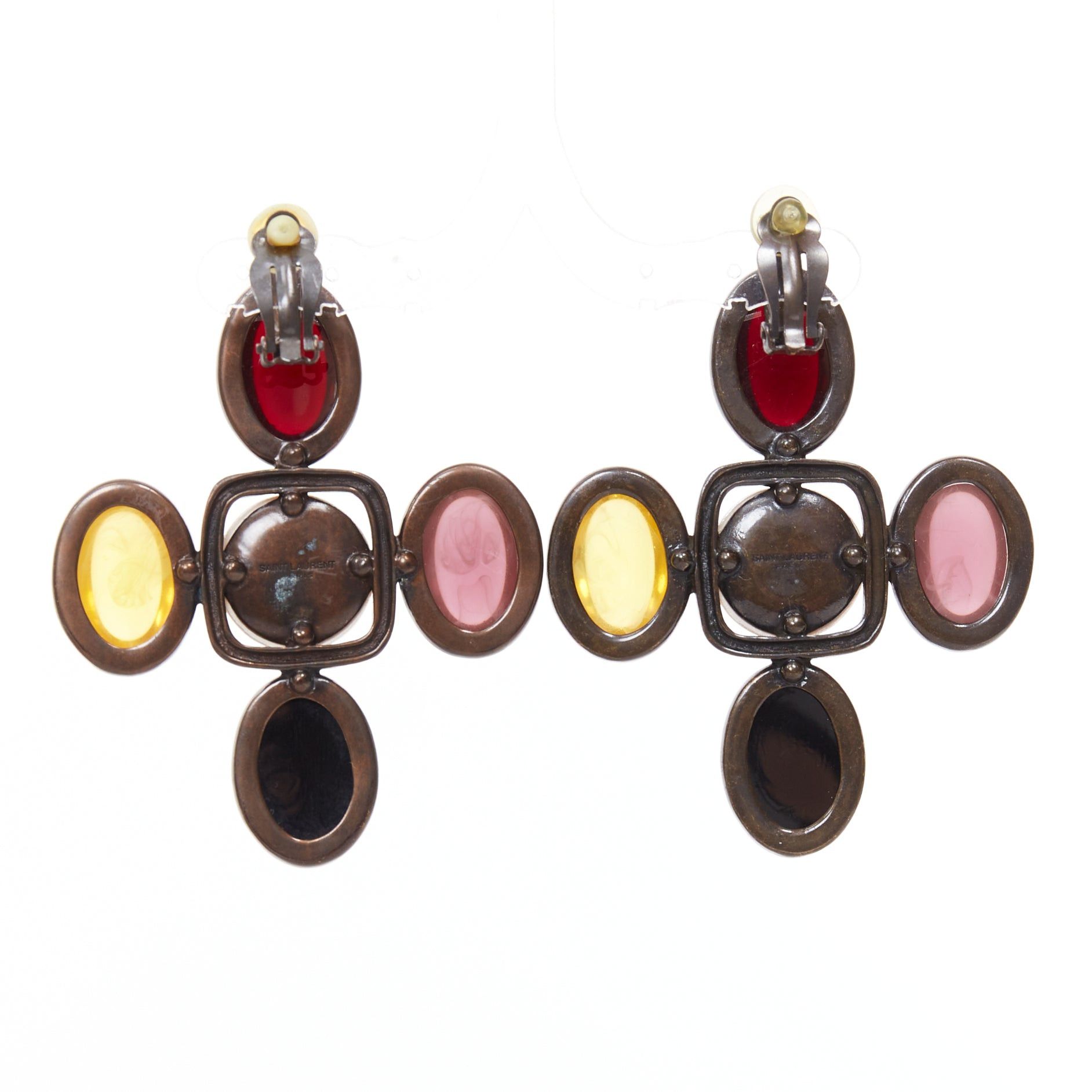 Saint Laurent Paris rare SAINT LAURENT Runway Resin Cabochon Cross aged bronze clip earrings Pair Size ONE SIZE - 6 Thumbnail