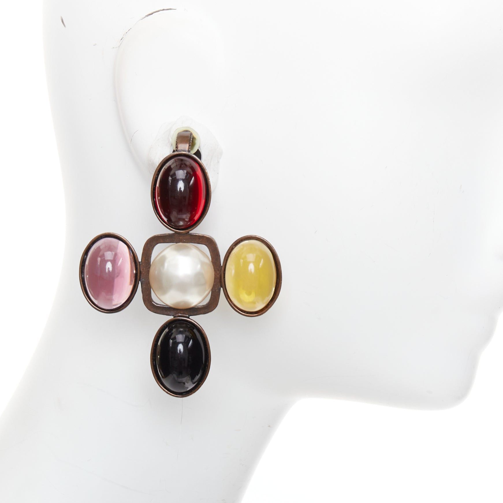 Saint Laurent Paris rare SAINT LAURENT Runway Resin Cabochon Cross aged bronze clip earrings Pair Size ONE SIZE - 3 Thumbnail