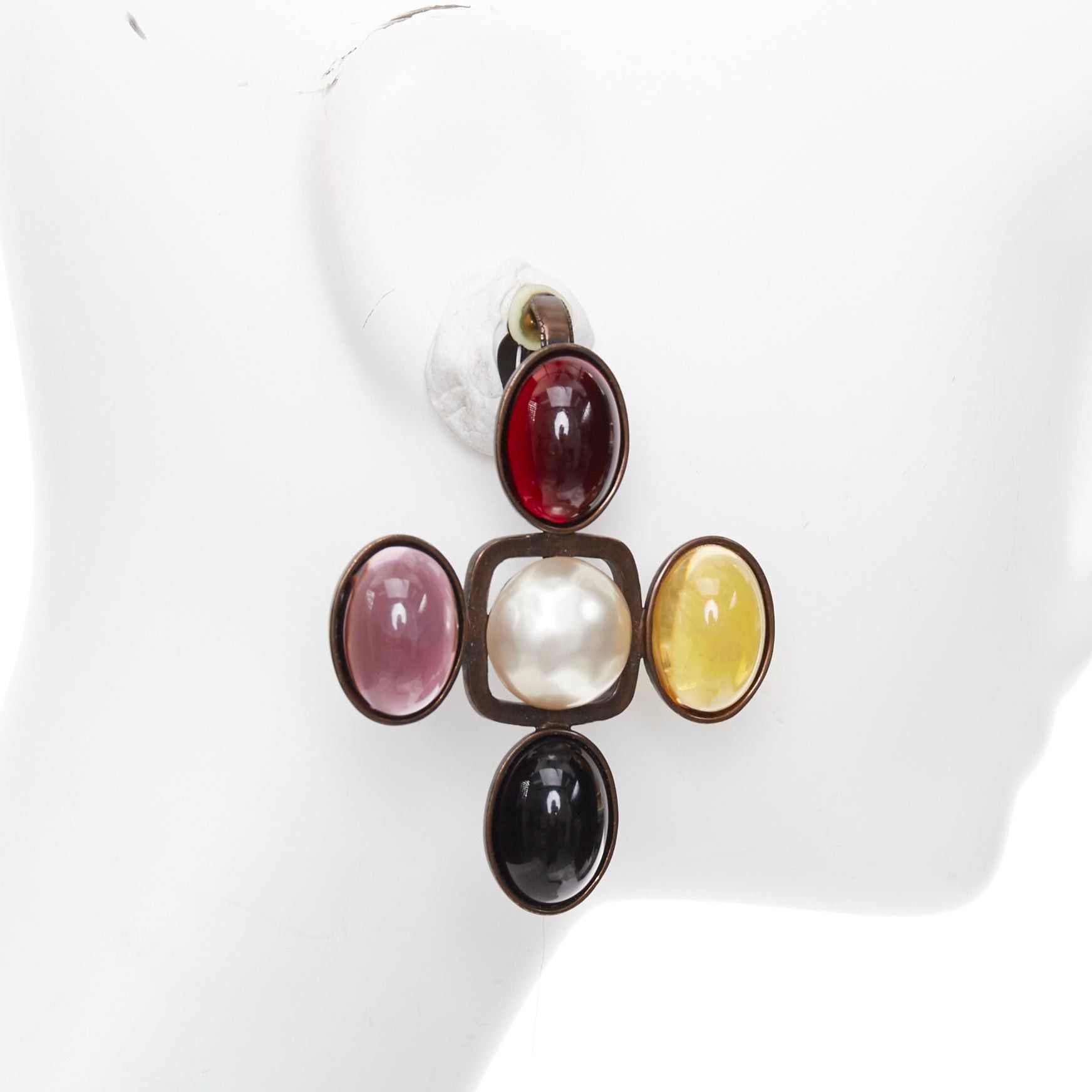 Saint Laurent Paris rare SAINT LAURENT Runway Resin Cabochon Cross aged bronze clip earrings Pair Size ONE SIZE - 2 Thumbnail