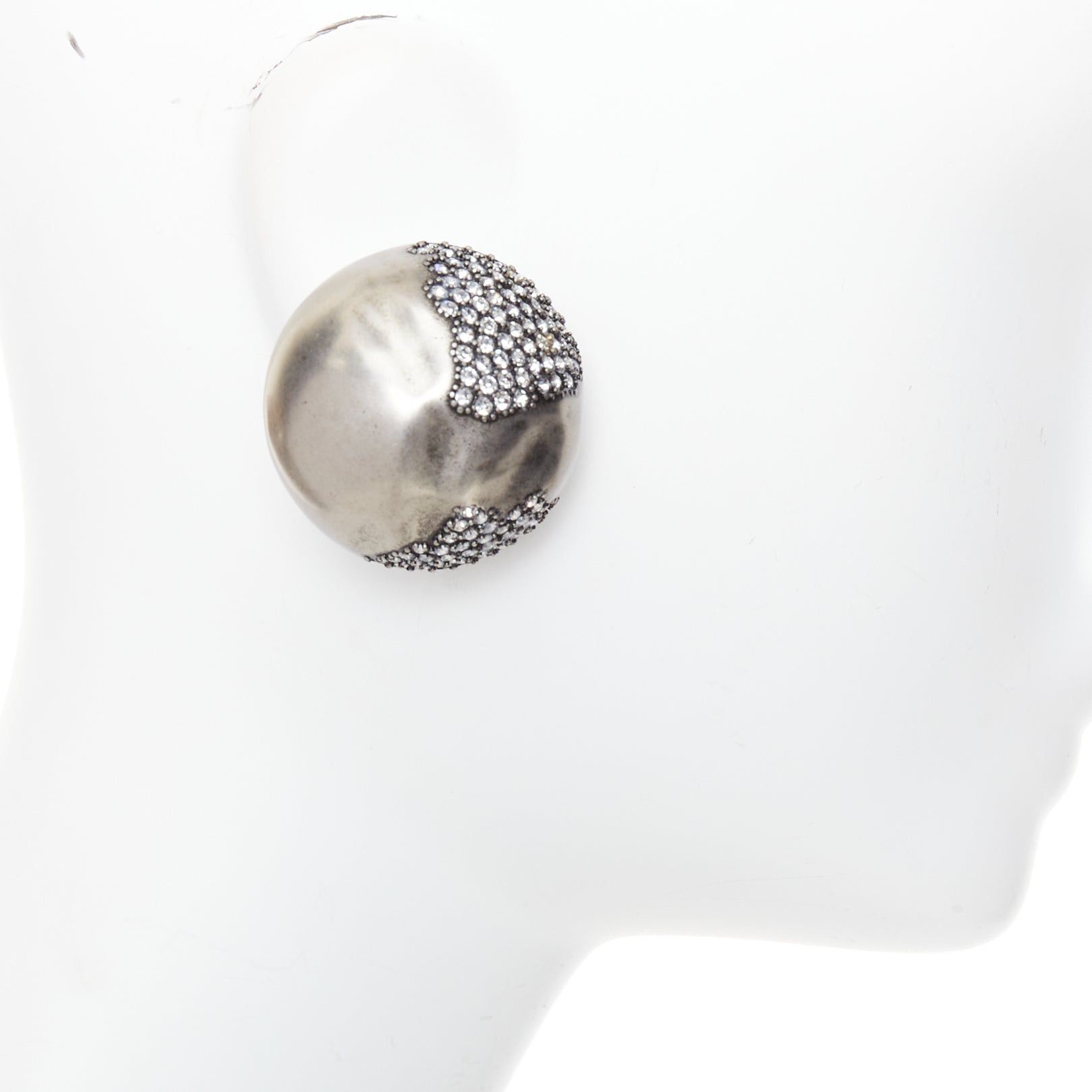 Saint Laurent Paris SAINT LAURENT crystal embellished aged silver metal dome clip on earrings Pair Size ONE SIZE - 3 Thumbnail