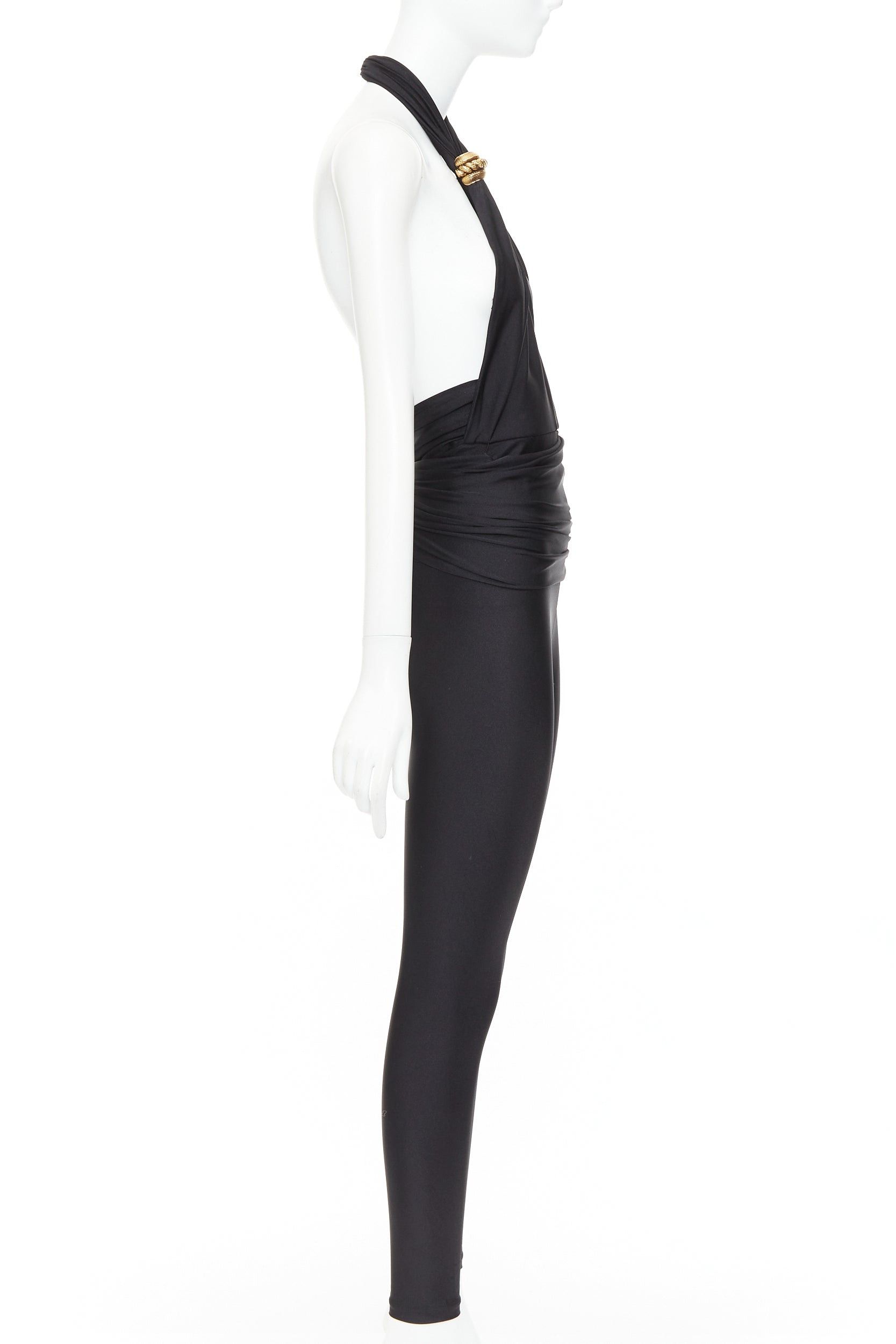Saint Laurent Paris SAINT LAURENT 2022 Runway black gold metal brooch halter cutout jumpsuit Sz.2 M Size 28" / US 6 / IT 42 - 4 Thumbnail