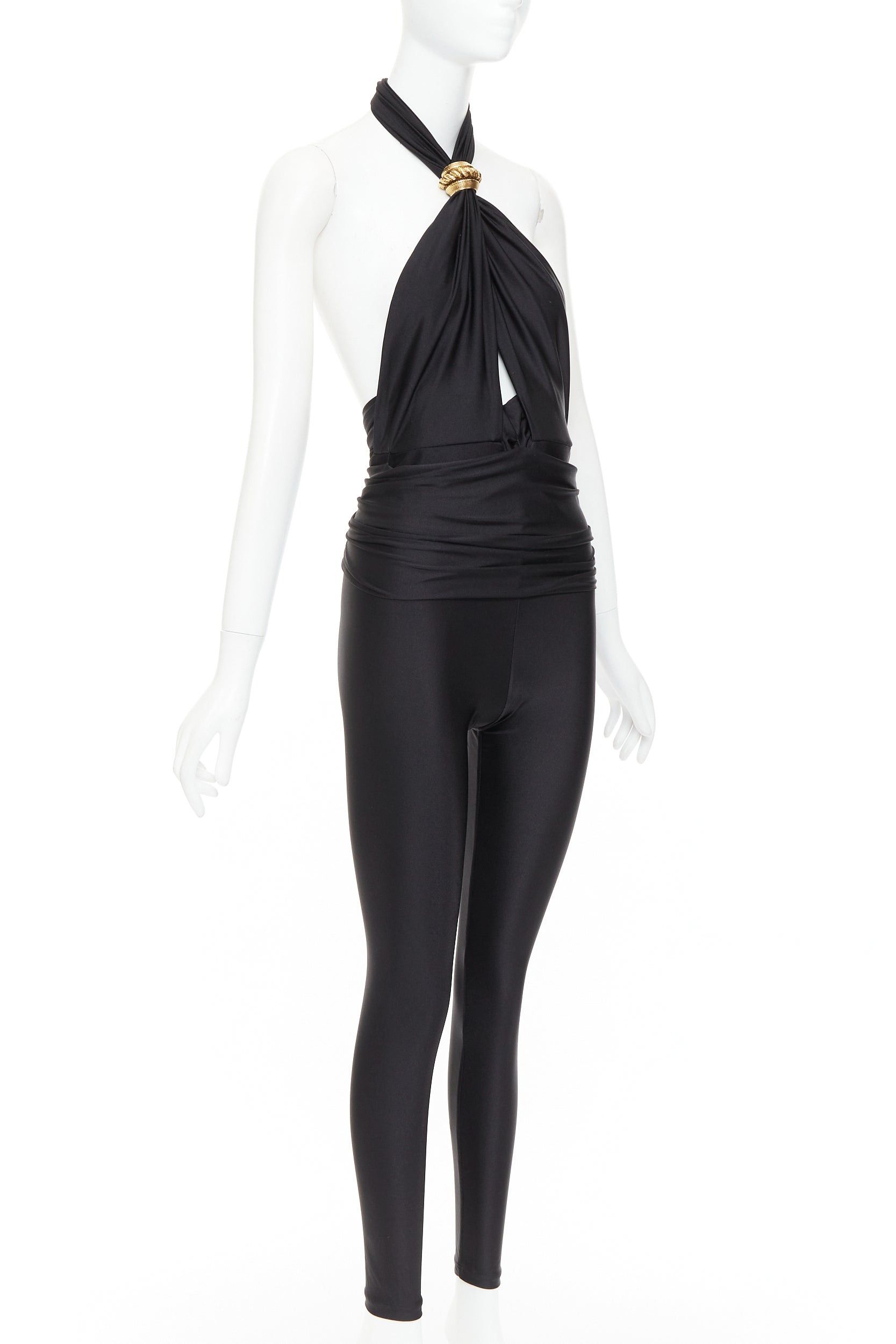 Saint Laurent Paris SAINT LAURENT 2022 Runway black gold metal brooch halter cutout jumpsuit Sz.2 M Size 28" / US 6 / IT 42 - 3 Thumbnail