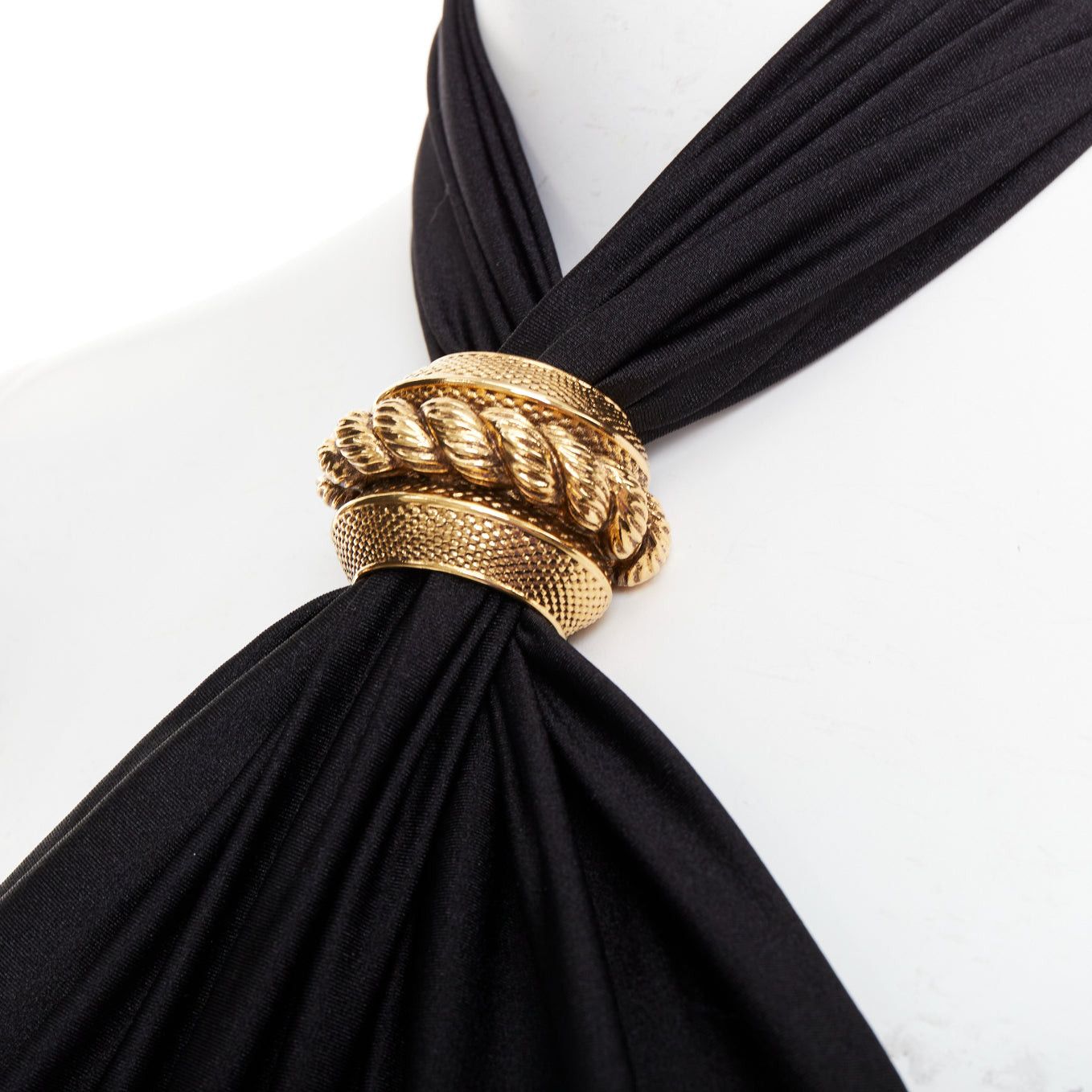 Saint Laurent Paris SAINT LAURENT 2022 Runway black gold metal brooch halter cutout jumpsuit Sz.2 M Size 28" / US 6 / IT 42 - 7 Thumbnail