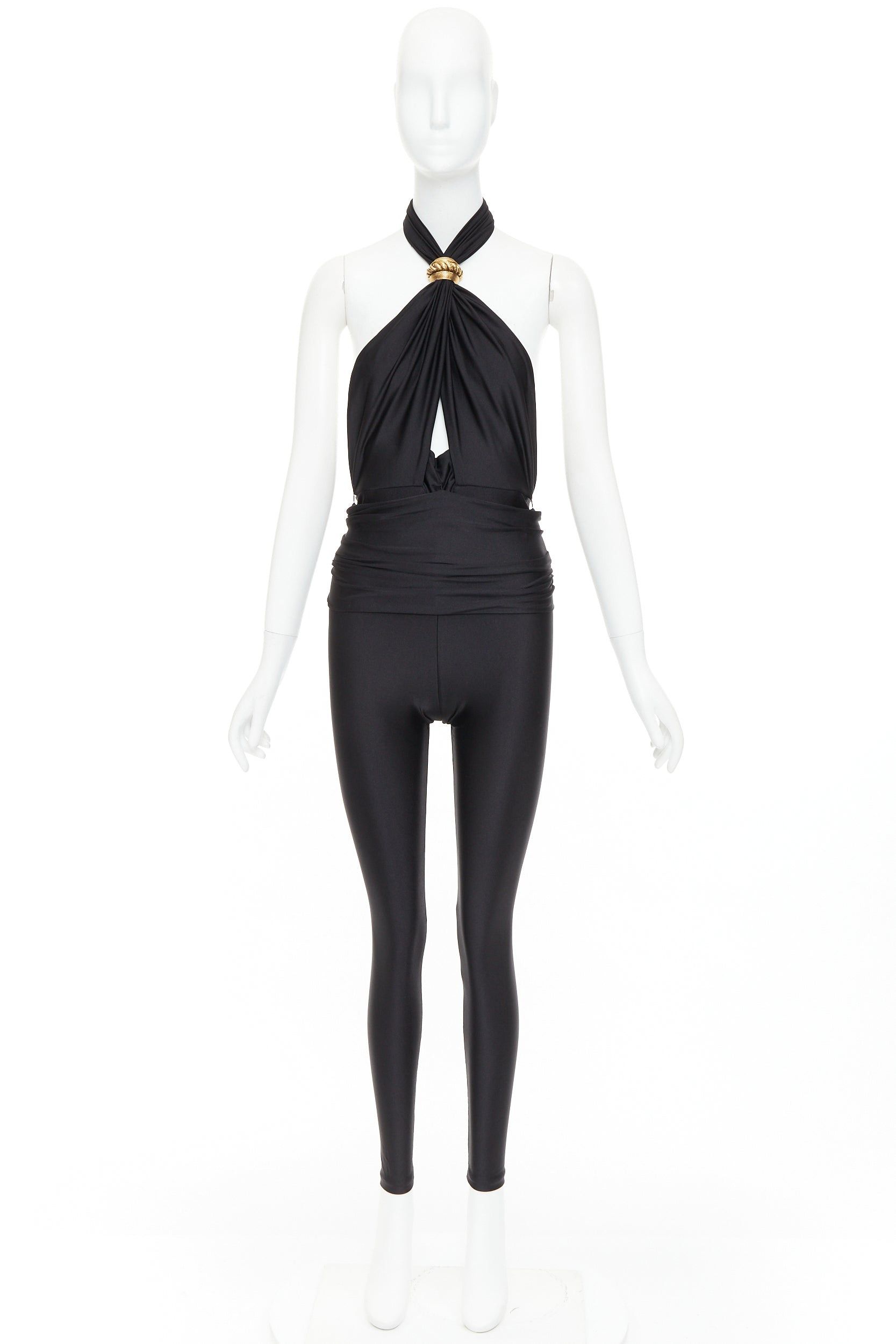 Saint Laurent Paris SAINT LAURENT 2022 Runway black gold metal brooch halter cutout jumpsuit Sz.2 M Size 28" / US 6 / IT 42 - 10 Thumbnail