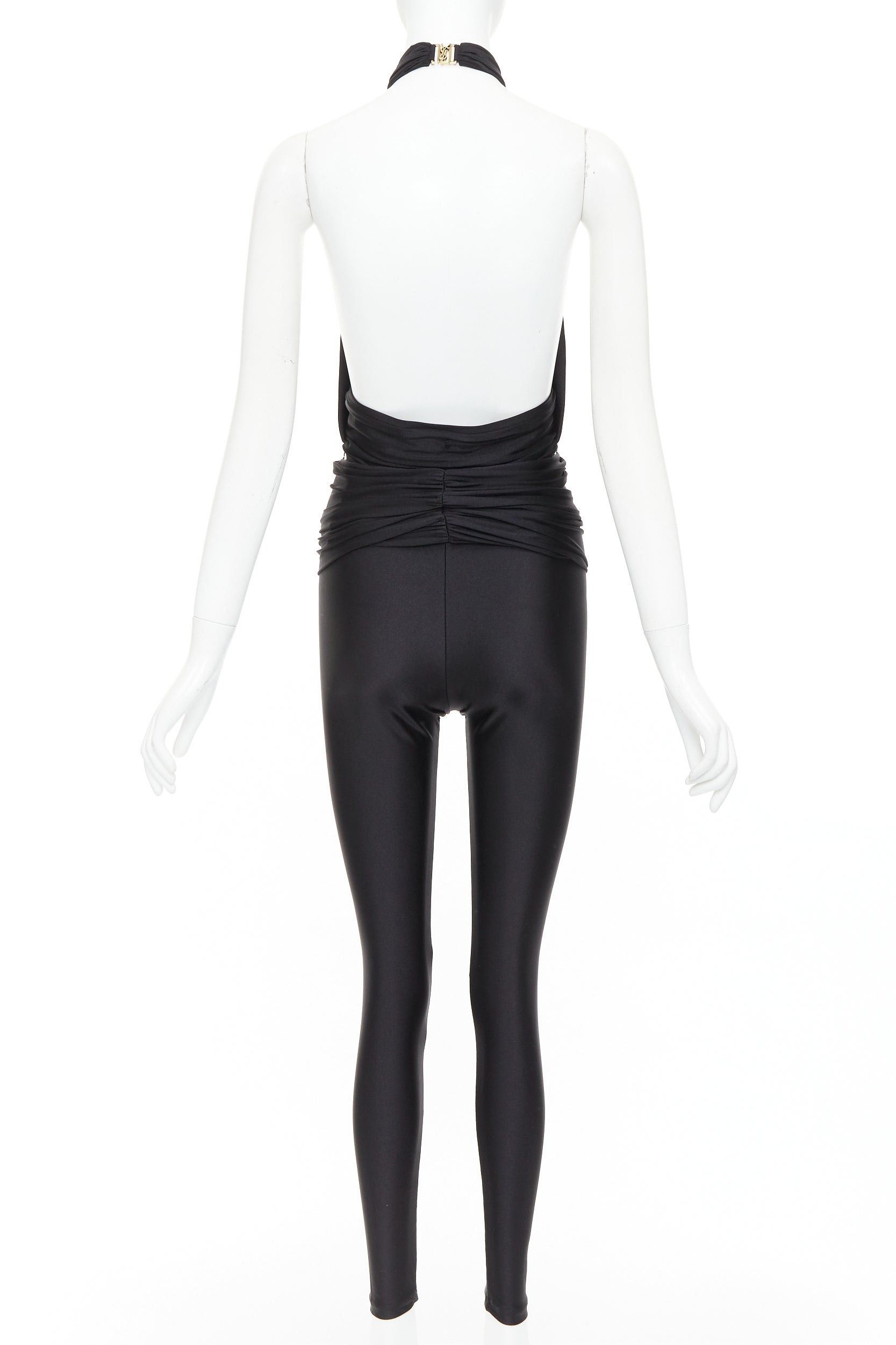 Saint Laurent Paris SAINT LAURENT 2022 Runway black gold metal brooch halter cutout jumpsuit Sz.2 M Size 28" / US 6 / IT 42 - 5 Thumbnail