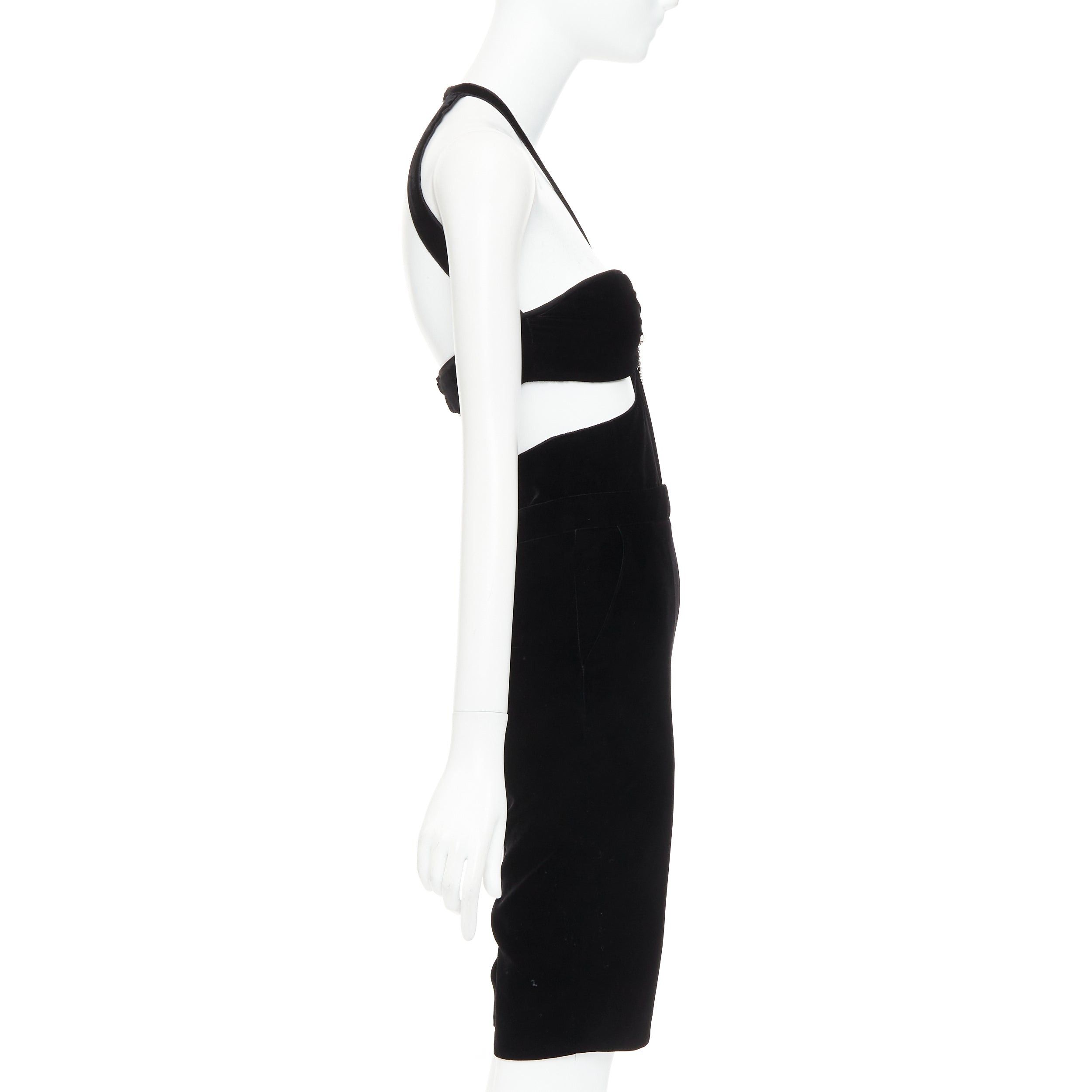 Saint Laurent Paris SAINT LAURENT 2022 Runway black velvet crystal brooch cut out romper playsuit FR36 S Size 27" / US 4 / IT 40 - 4 Thumbnail