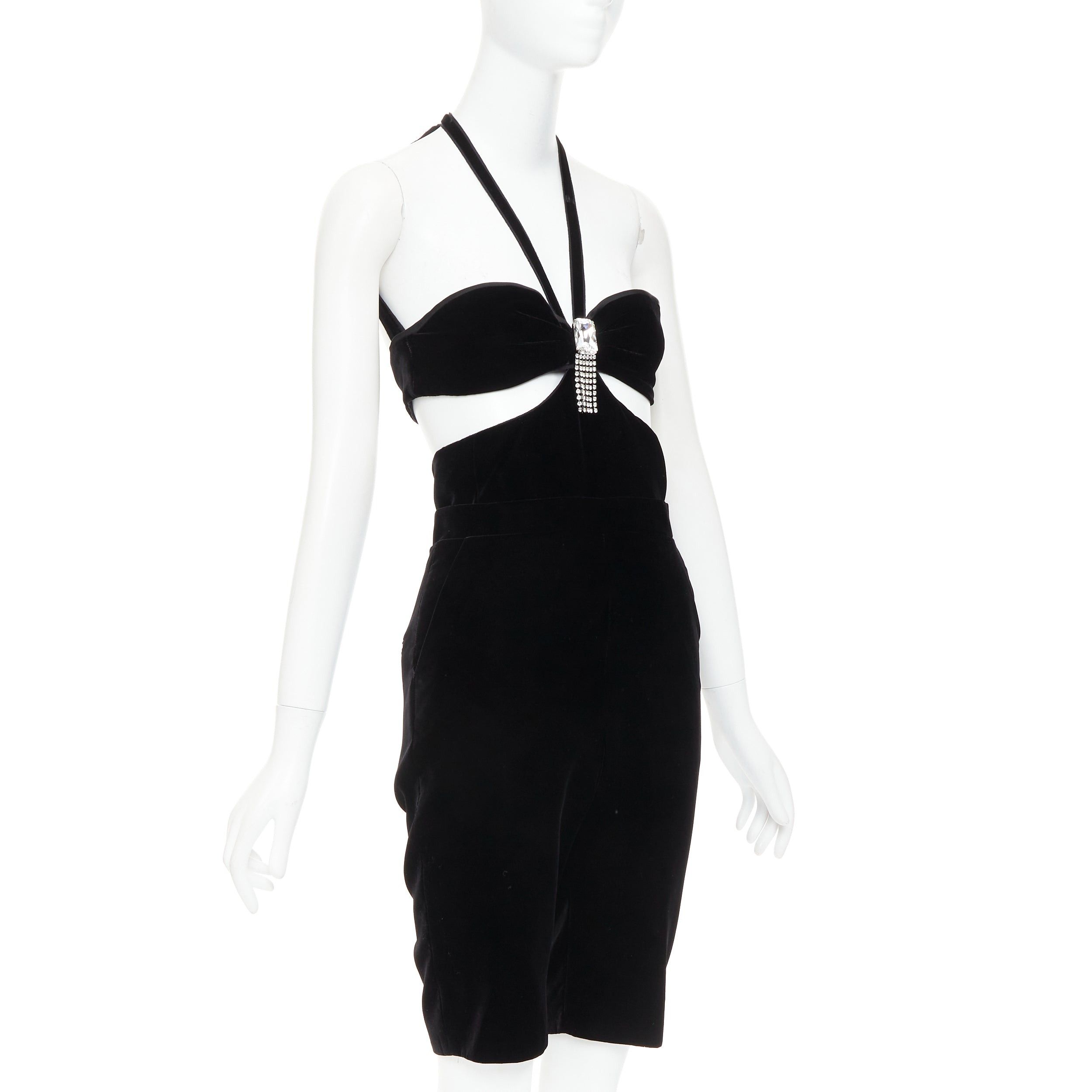 Saint Laurent Paris SAINT LAURENT 2022 Runway black velvet crystal brooch cut out romper playsuit FR36 S Size 27" / US 4 / IT 40 - 3 Thumbnail