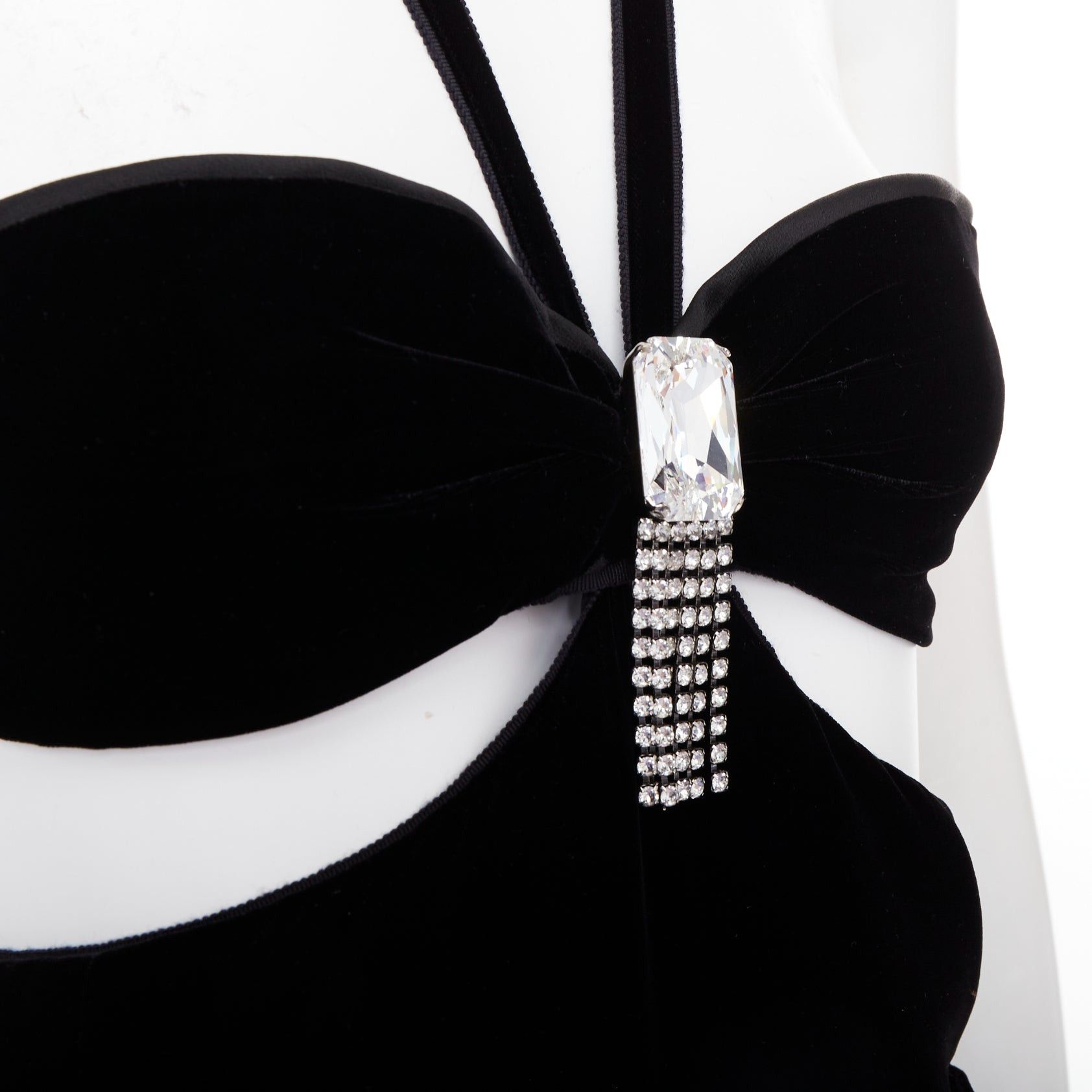 Saint Laurent Paris SAINT LAURENT 2022 Runway black velvet crystal brooch cut out romper playsuit FR36 S Size 27" / US 4 / IT 40 - 2 Thumbnail